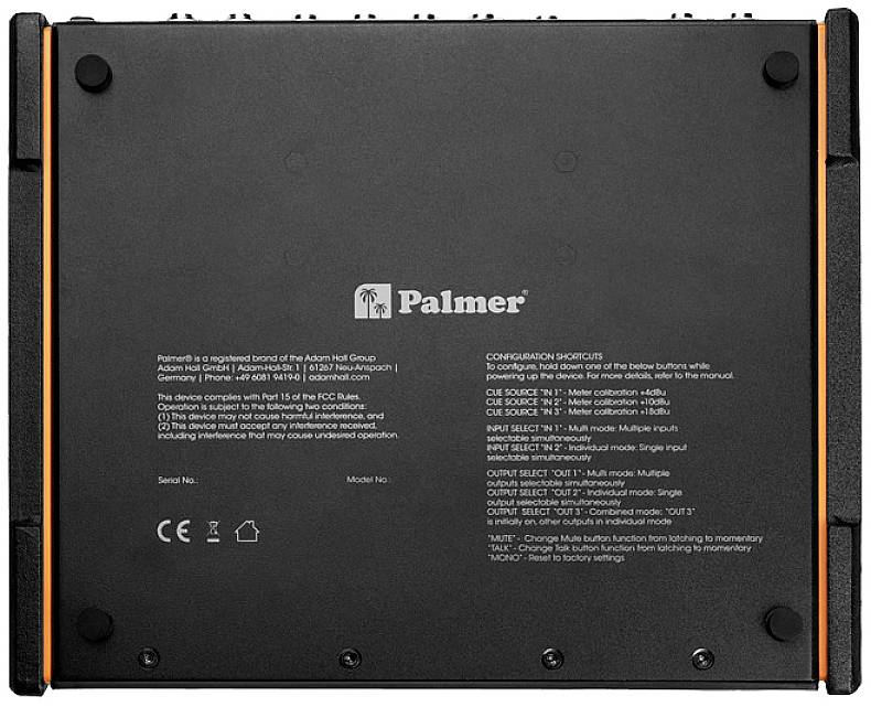 Unterseite eines elektronischen Geräts mit Anweisungen zu Tasten-Shortcuts und Herstellerinformationen. Markenname 'Palmer' sichtbar.