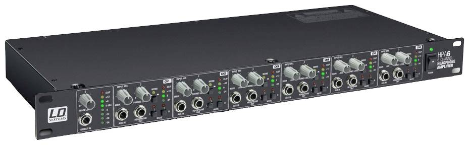 Ein 8-Kanal-Kopfhörerverstärker in einem Rack, zeigt mehrere Eingangs- und Ausgangsanschlüsse mit LED-Anzeigen für jeden Kanal.