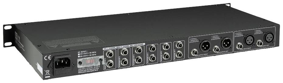 Schwarzer Audio-Rack-Mixer mit verschiedenen Anschlussmöglichkeiten, darunter XLR- und Klinkeneingänge. Rückseitige Ansicht.