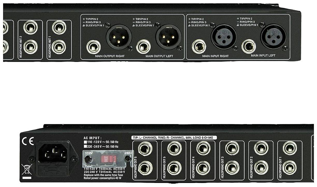 Rückseite eines Audiogeräts mit mehreren Eingangs- und Ausgangsanschlüssen, XLR- und Klinkenbuchsen, sowie Netzkabelanschluss.