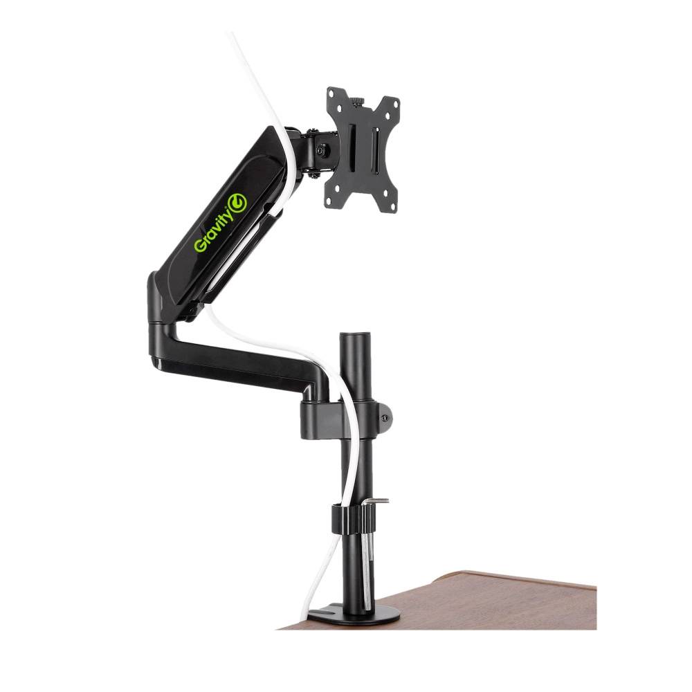 Schwarzer Monitorarm an einem Tisch montiert, mit Kabelmanagement-System. Design ermöglicht flexible Ausrichtung des Monitors.