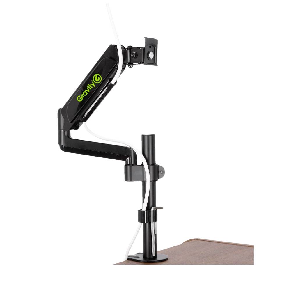 Ein schwarzer Monitorarm von Gravity, montiert an einem Tisch. Der Arm hat Kabelhalterungen und ermöglicht flexible Monitoreinstellung.