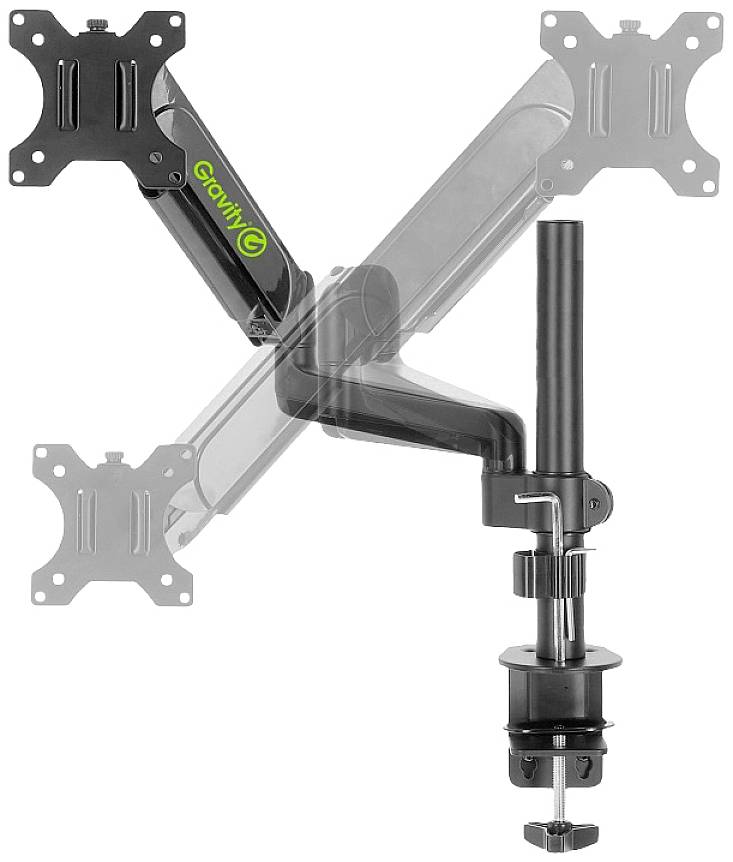 Monitorhalterung für zwei Bildschirme mit voll beweglichen Armen, zur Tischmontage. Schlichtes Design in Schwarz. Ideal für Büroumgebungen.