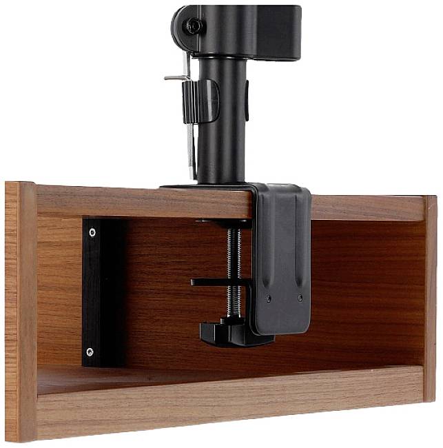 Klemmbare Tischhalterung aus Holz mit Metallarm. Ideal zur Befestigung von Geräten an der Tischkante für zusätzlichen Stauraum.