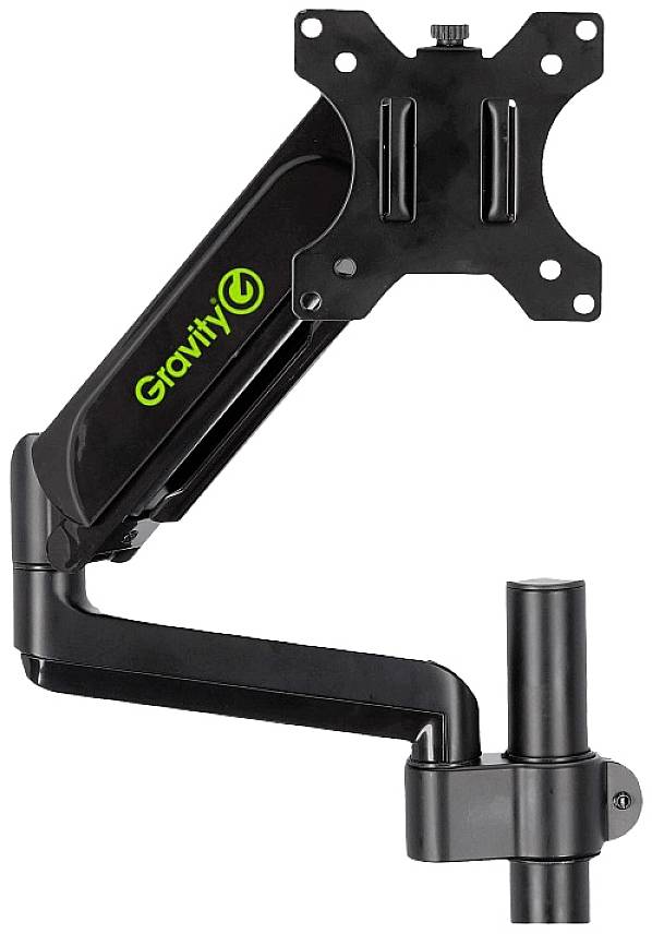 Schwarzer, einstellbarer Monitorarm von Gravity für ergonomische Bildschirmpositionierung, mit schwenkbarem Gelenk und grünem Logo.