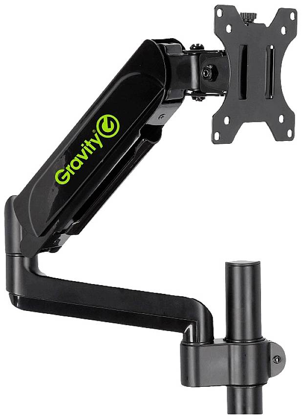 Ein schwarzer, verstellbarer Monitorarm mit dem grünen Logo 'Gravity' an der Seite, zur Befestigung eines Monitors an einem Tisch.