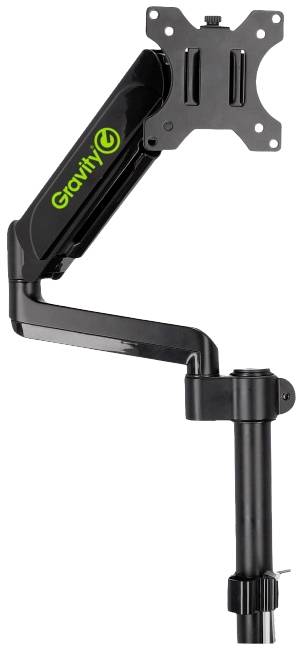Schwarzer Monitorarm von Gravity, befestigt an einem vertikalen Standrohr. Flexibles Gelenk für Höhenverstellung.