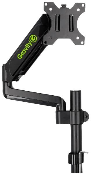 Ein verstellbarer Monitorhalter mit zwei Gelenkarmen. Der Arm ist schwarz und trägt das grüne Logo der Marke 'Gravity'.