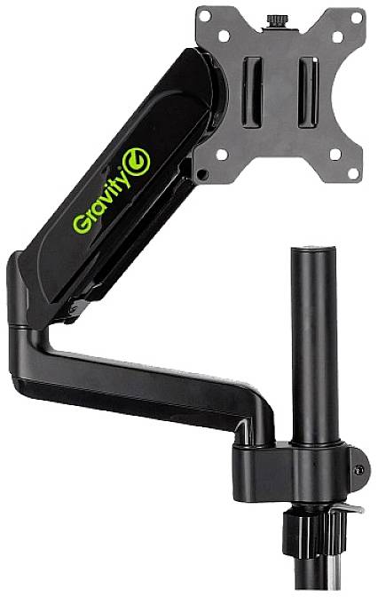 Ein verstellbarer schwarzer Monitorarm mit schwenkbarem Gelenk und VESA-Halterung. Geeignet zur Befestigung von Bildschirmen.