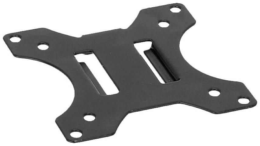 Ein schwarzes, metallisches Montagesystem mit mehreren Löchern, vermutlich für die Befestigung von elektronischen oder mechanischen Geräten.