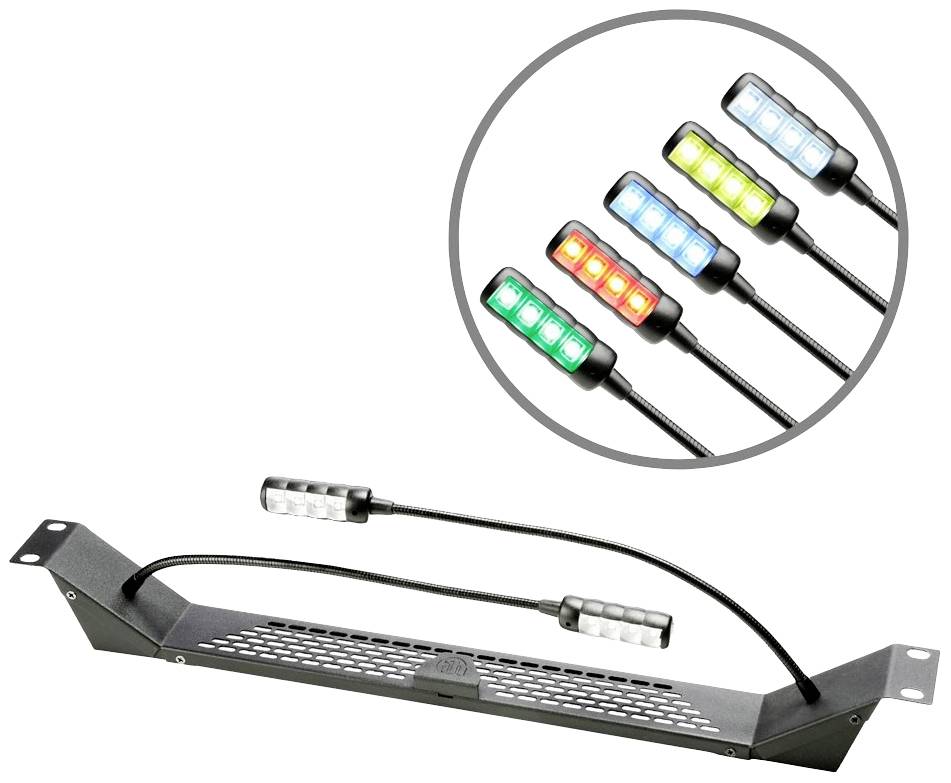 Ein LED-Licht mit mehreren Farboptionen: grün, rot, blau, gelb und weiß. Das Licht ist an einem flexiblen Arm montiert.