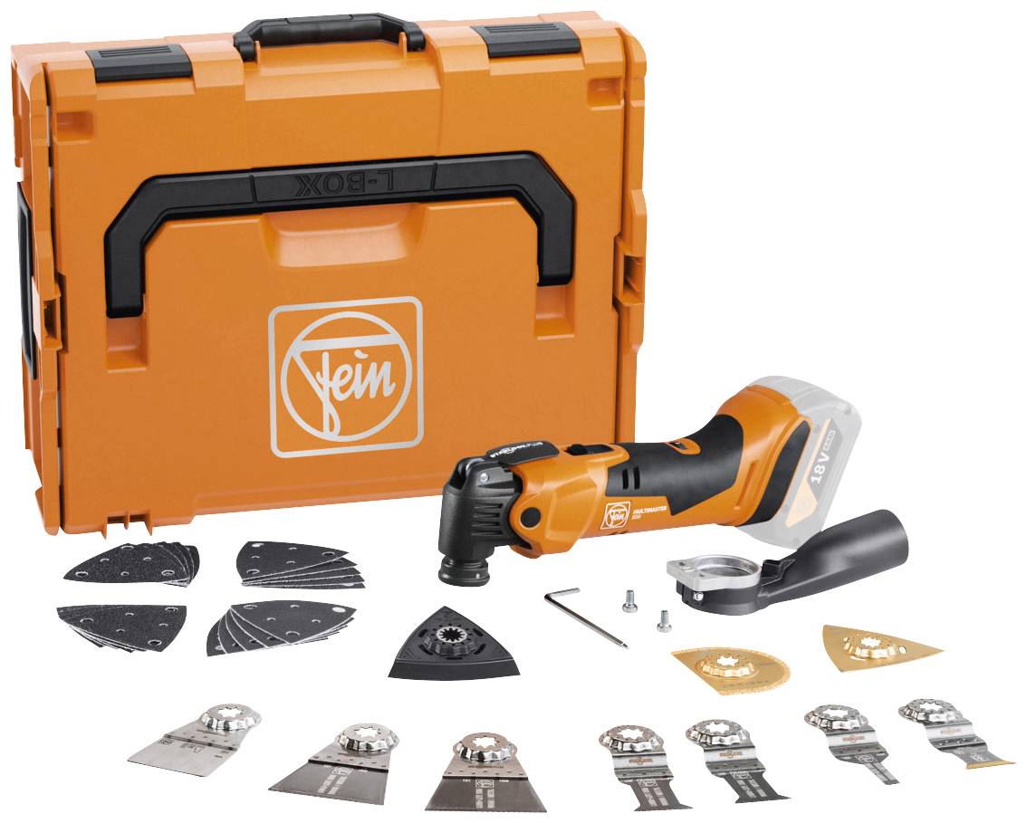 Akkuschleifer-Set mit orangenem Koffer, Schleifer und verschiedenen Aufsätzen für Schleif- und Sägearbeiten.