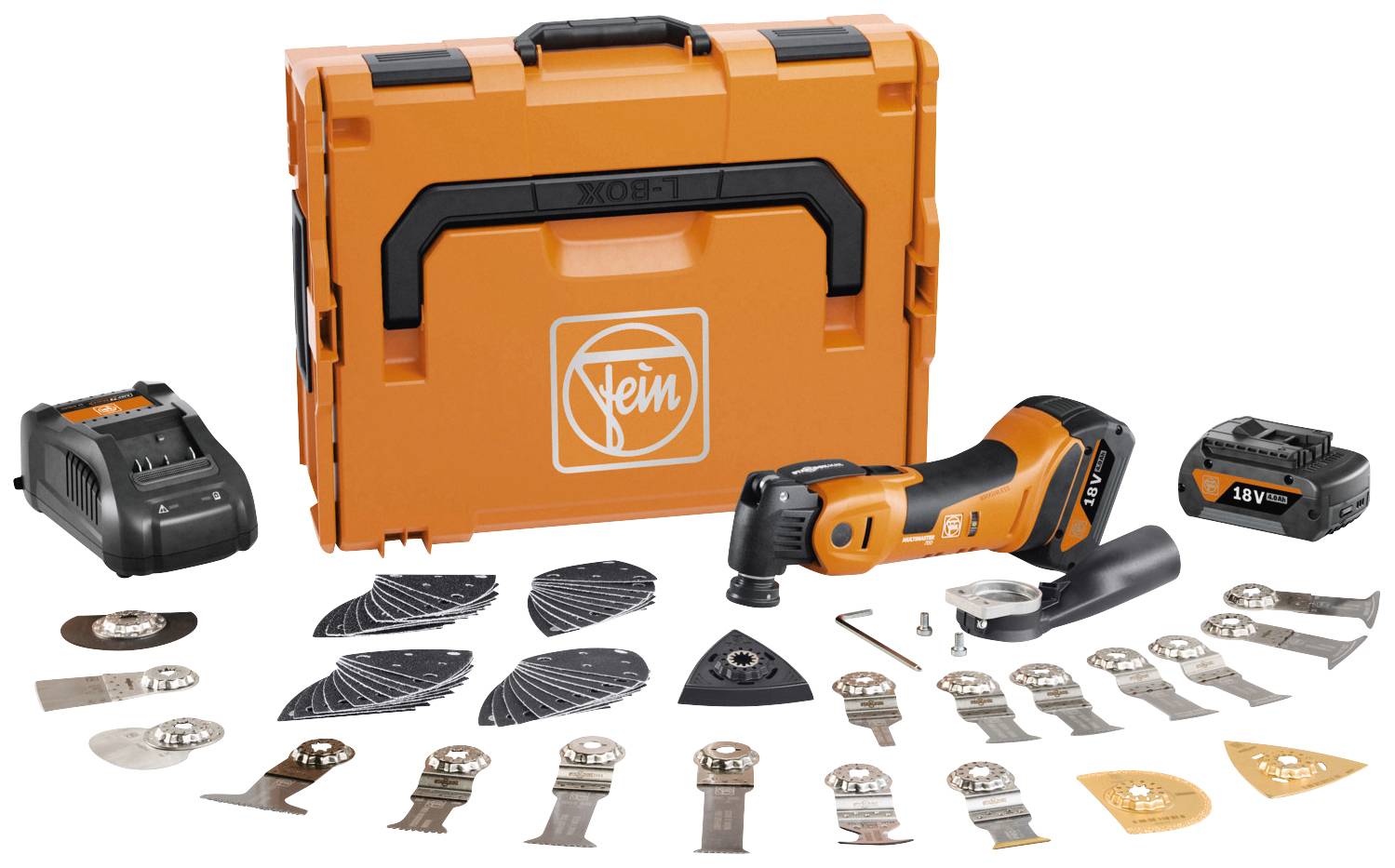 Ein orangefarbenes Multifunktionswerkzeug-Set mit Koffer, verschiedenen Werkzeugaufsätzen und zwei Akkus, geeignet für Heimwerkerarbeiten.