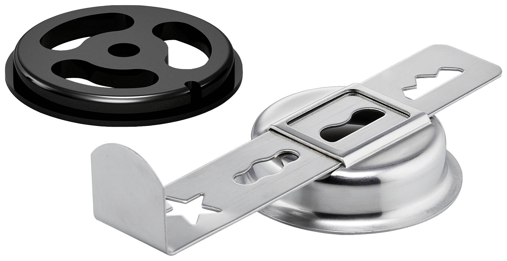 Metallischer Eieröffner mit verschiedenen geometrischen Formen zur Dekoration von Eiern. Links liegt ein schwarzer Deckel.