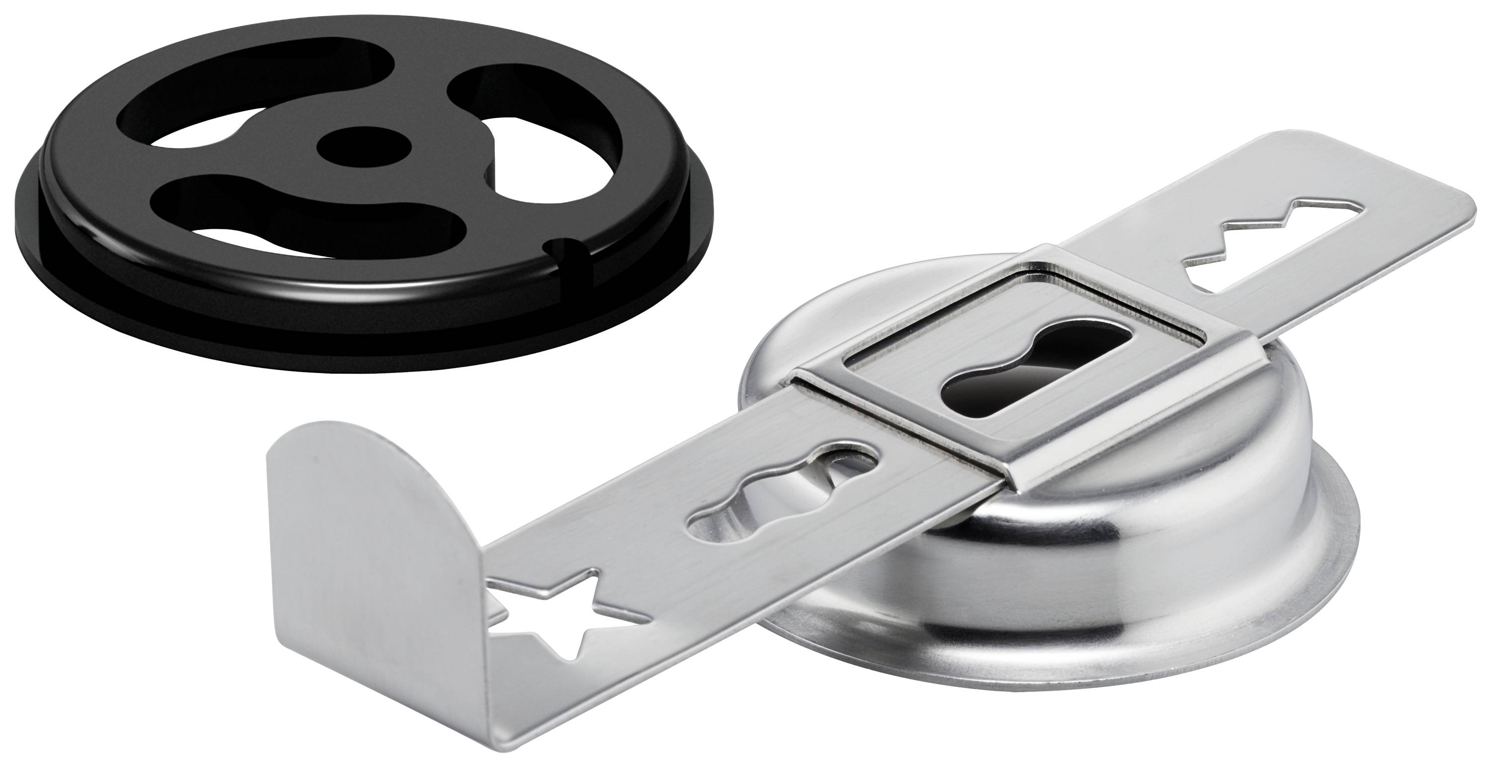 Ein schwarzer, runder Metalldeckel neben einer silbernen, runden Metallvorrichtung mit integrierten Schablonen in Stern- und Wellenform.