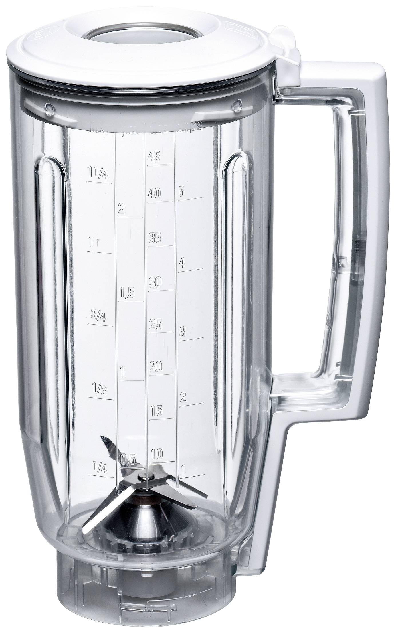 Klarglaskrug mit Skala und Griff, ideal für Mixer, zeigt Maßeinheiten von 100 ml bis 1,5 Liter. Enthält Klingen im Inneren.