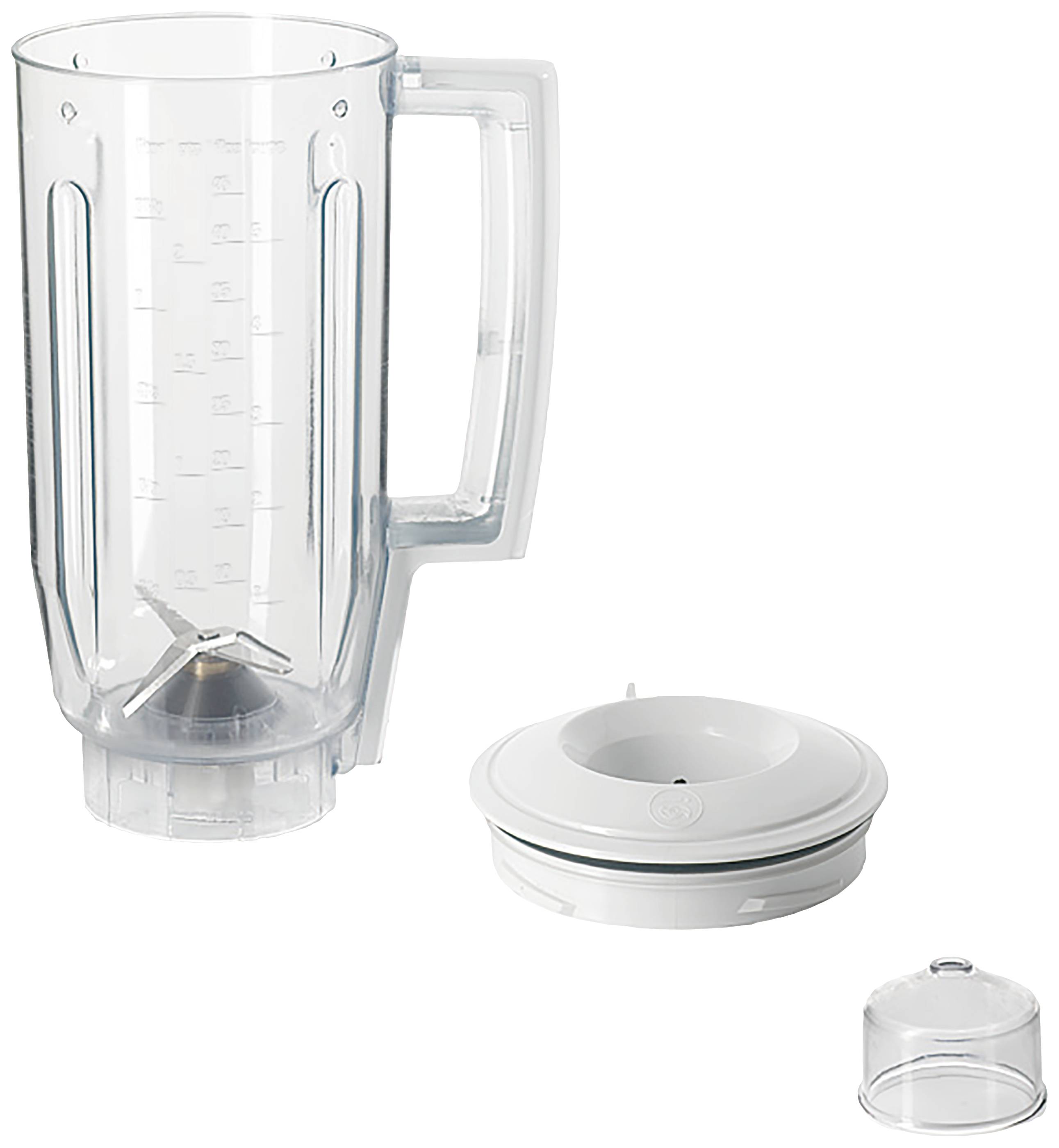 Ein transparenter Standmixer-Krug mit Griff, entnehmbaren Klingen und zwei weißen Deckeln. Der Krug ist hoch und zylindrisch.