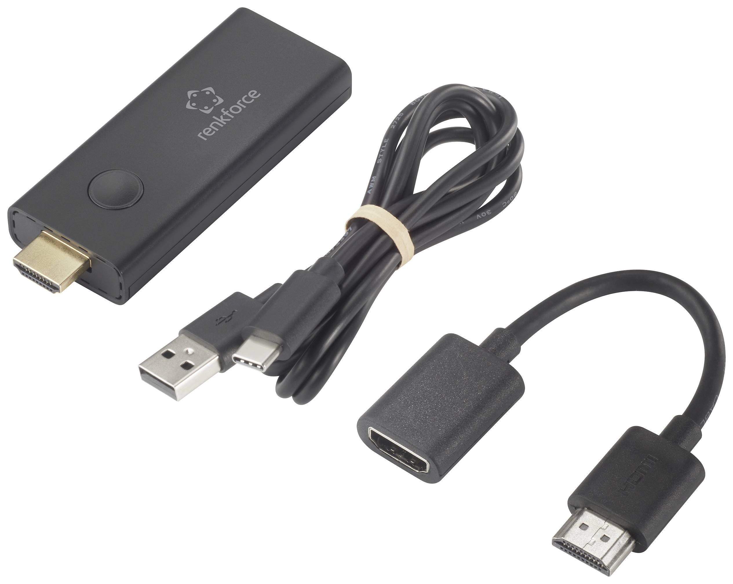 Ein schwarzer HDMI-Streaming-Stick mit USB-Kabel, USB-Stecker und HDMI-Adapter, geeignet zum Verbinden mit einem Fernseher.