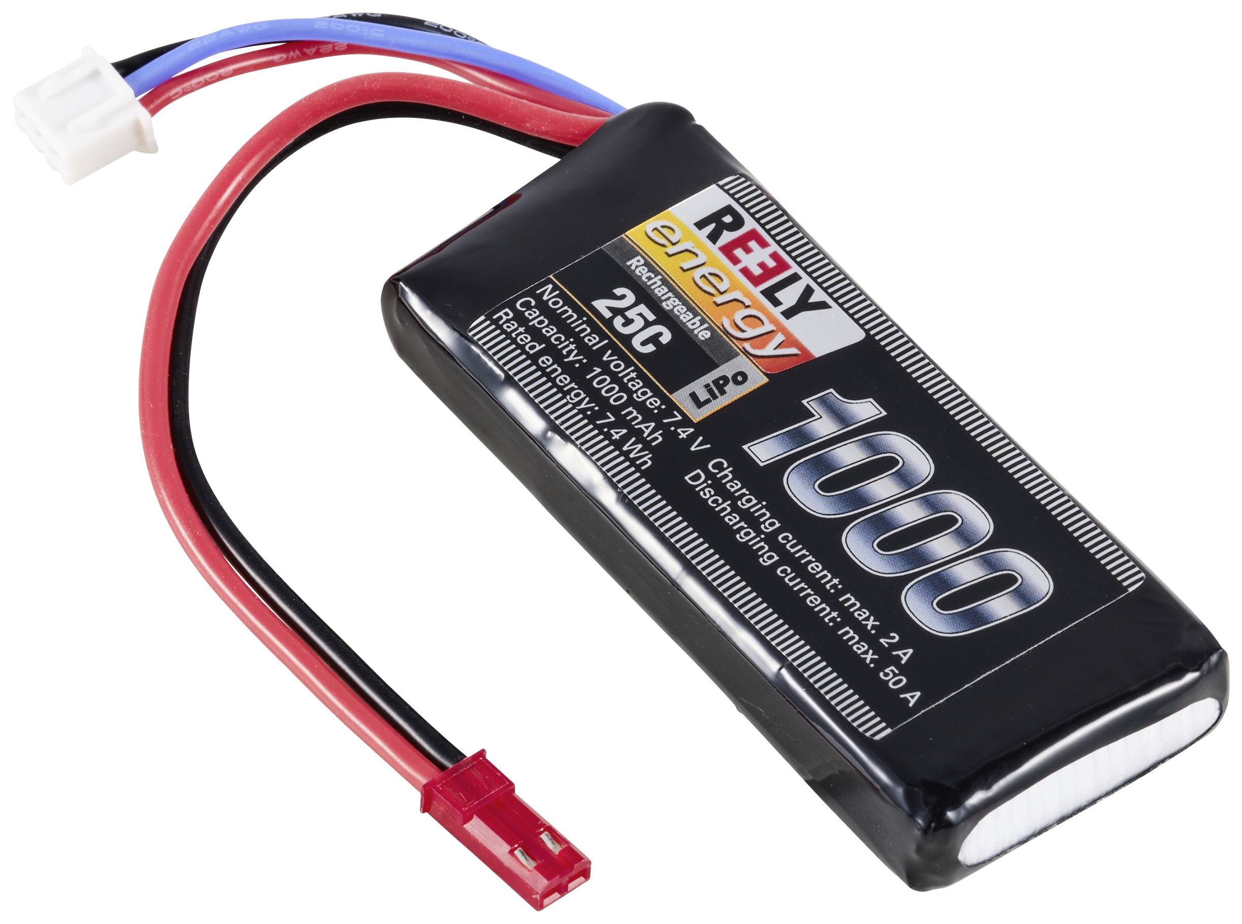 Akku mit Etikett 'REELY energy Lipo 1000'. Zwei Kabel: ein roter und ein blauer Anschluss zur Energieübertragung.