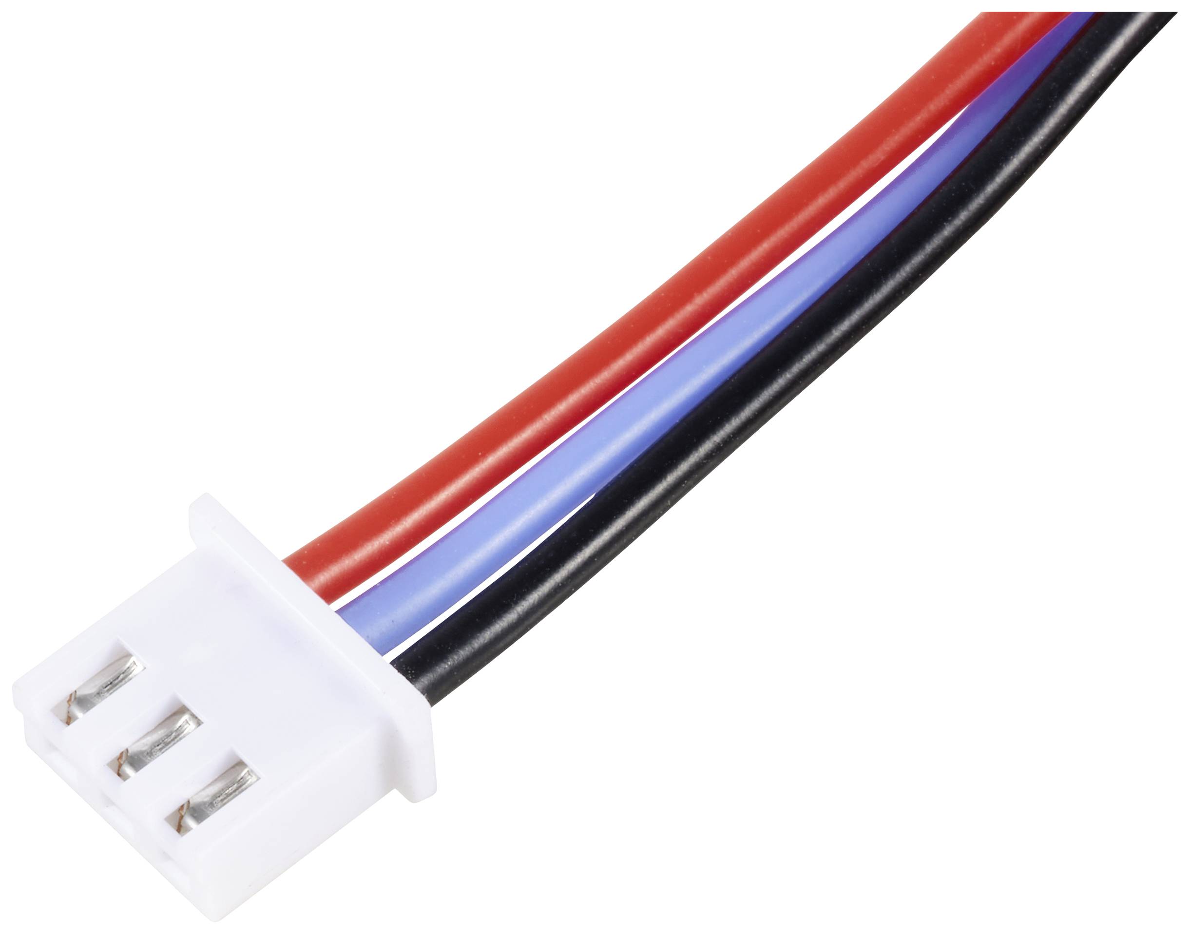 Dreiadriges Kabel mit weißem Kunststoffstecker. Die Kabel sind rot, blau und schwarz. Stecker hat drei Metallkontakte.