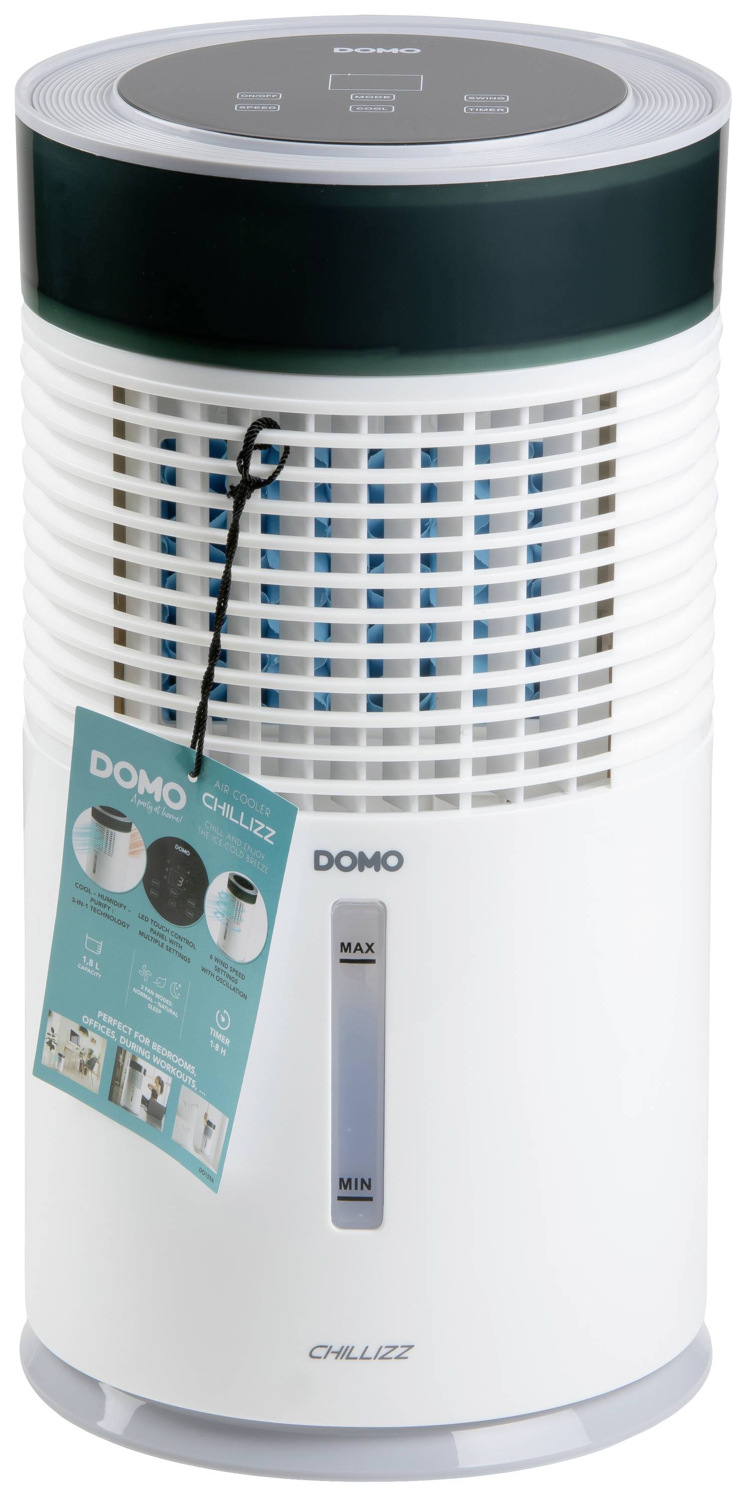 DOMO Air Cooler Chillizz Luftkühler 9.6W (Ø x H) 204mm x 380mm Weiß, Schwarz Timer, mit Luftbefeuchter, LED-Display