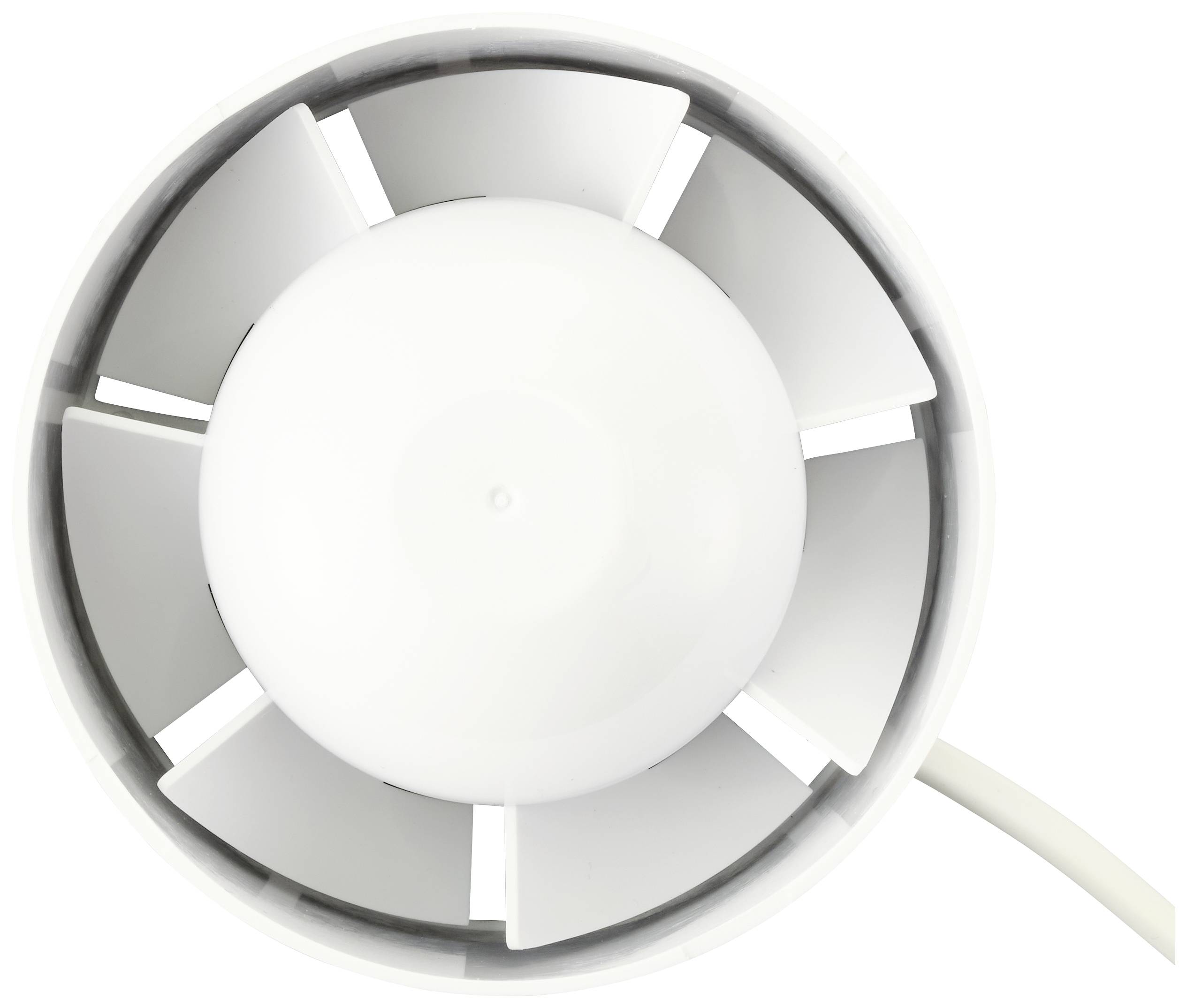 Ein weißer Belüftungsventilator, frontal aufgenommen. Sichtbar sind die Rotorblätter und das Gehäuse. Gerät dient zur Luftzirkulation.