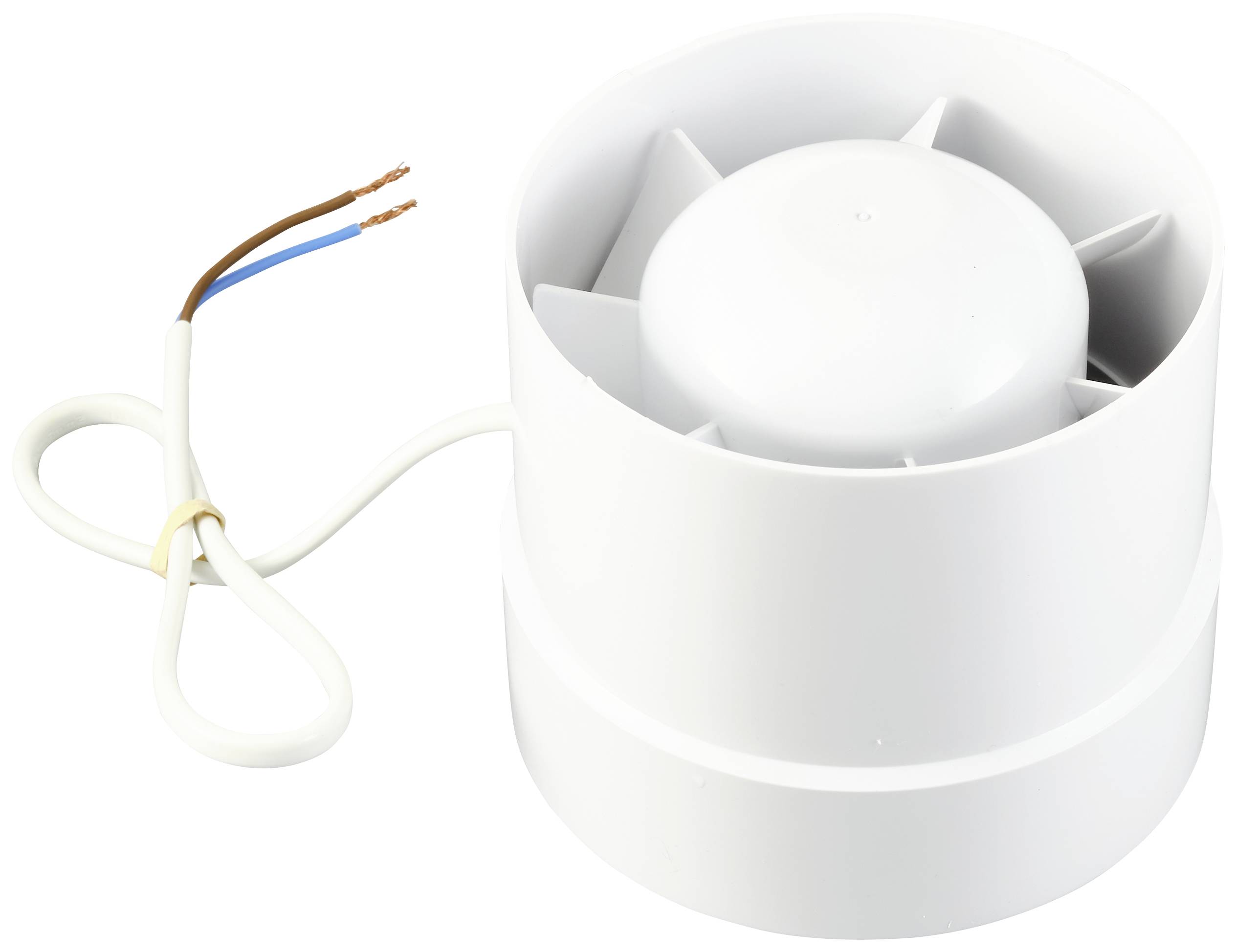 Weißer Rohrventilator mit zwei freiliegenden Kabeln, geeignet für den Einsatz in Belüftungssystemen.