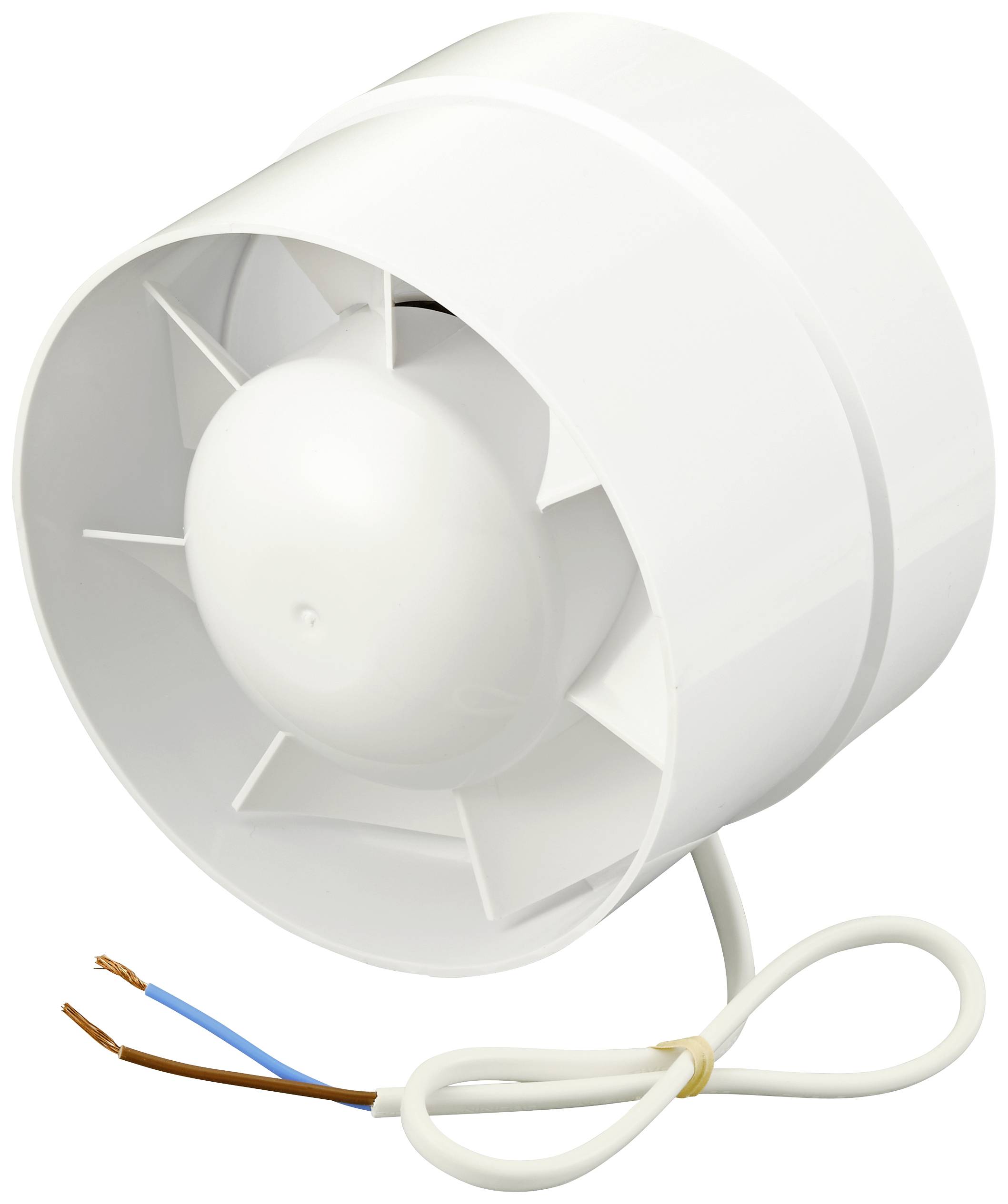 Weißer Ventilator mit sichtbaren Rotorblättern und Stromkabel, geeignet für Belüftung in Haushalten oder kleinen Räumen.