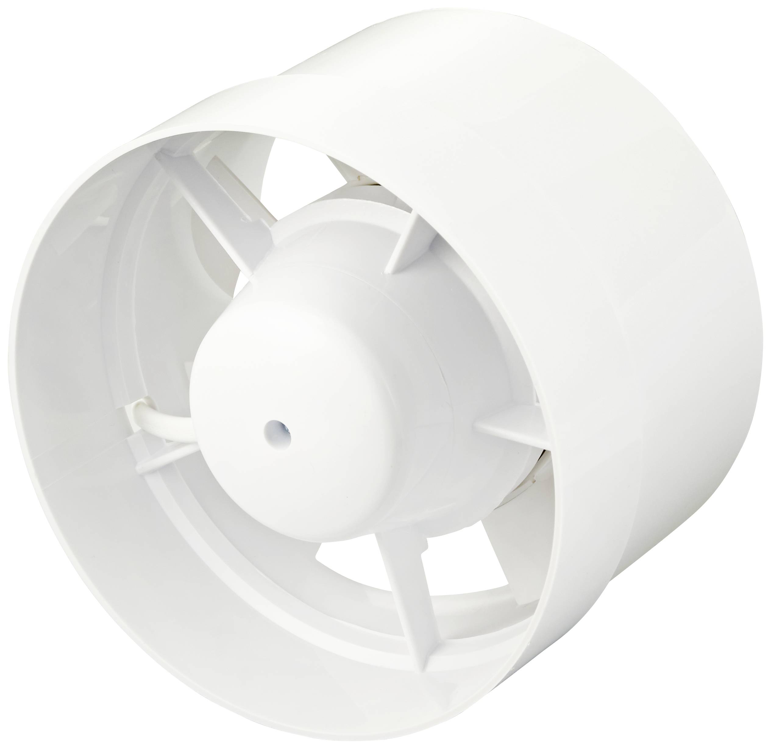 Weißer, zylindrischer Rohrventilator mit Luftschlitzen, geeignet für Belüftungssysteme in Wohn- oder Gewerberäumen.
