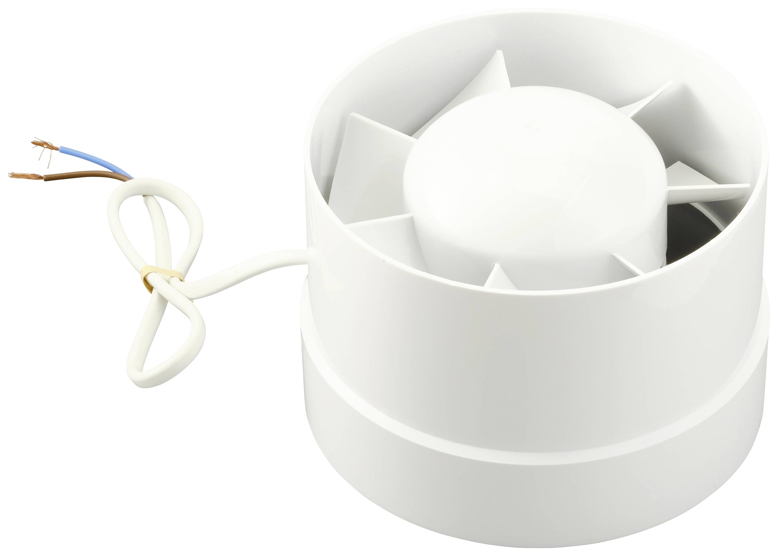 Weißer, zylindrischer Lüfter mit geöffneten Schaufeln; zwei abisolierte Drähte an der Seite.