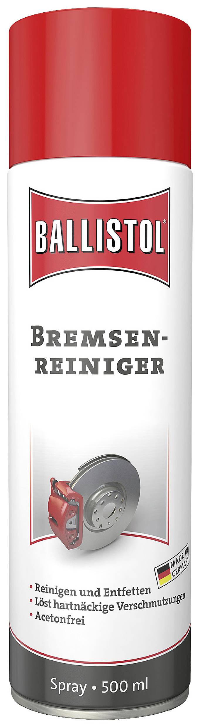 Eine rote Spraydose von 'Ballistol' für Bremsenreiniger, 500 ml. Aufschrift: 'Reinigen und Entfetten', 'Löst hartnäckige Verschmutzungen', 'Acetonfrei'.
