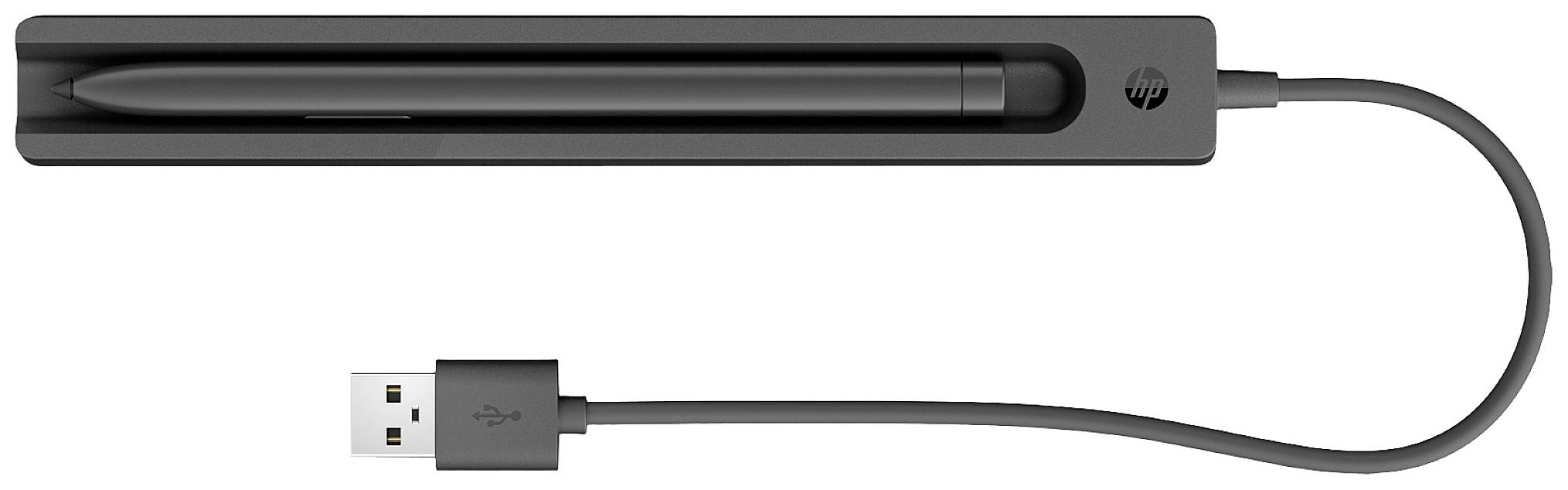 USB-Ladestation mit stylus-artigem Gerät darin. Das Kabel endet in einem USB-Stecker.