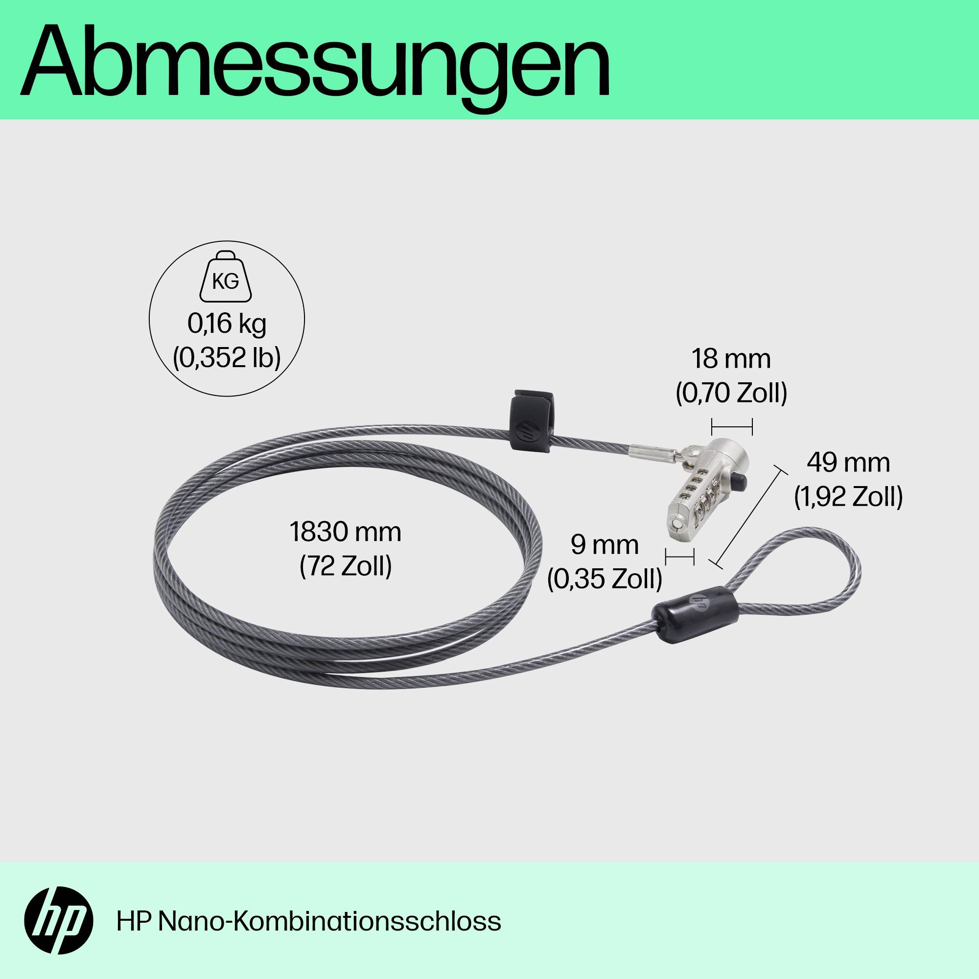'Abmessungen' zeigt ein Kabelschloss mit Maßen: 1830 mm Länge, 49 mm Schlosskopf, 18 mm Breite. Gewicht: 0,16 kg. Marke: HP.