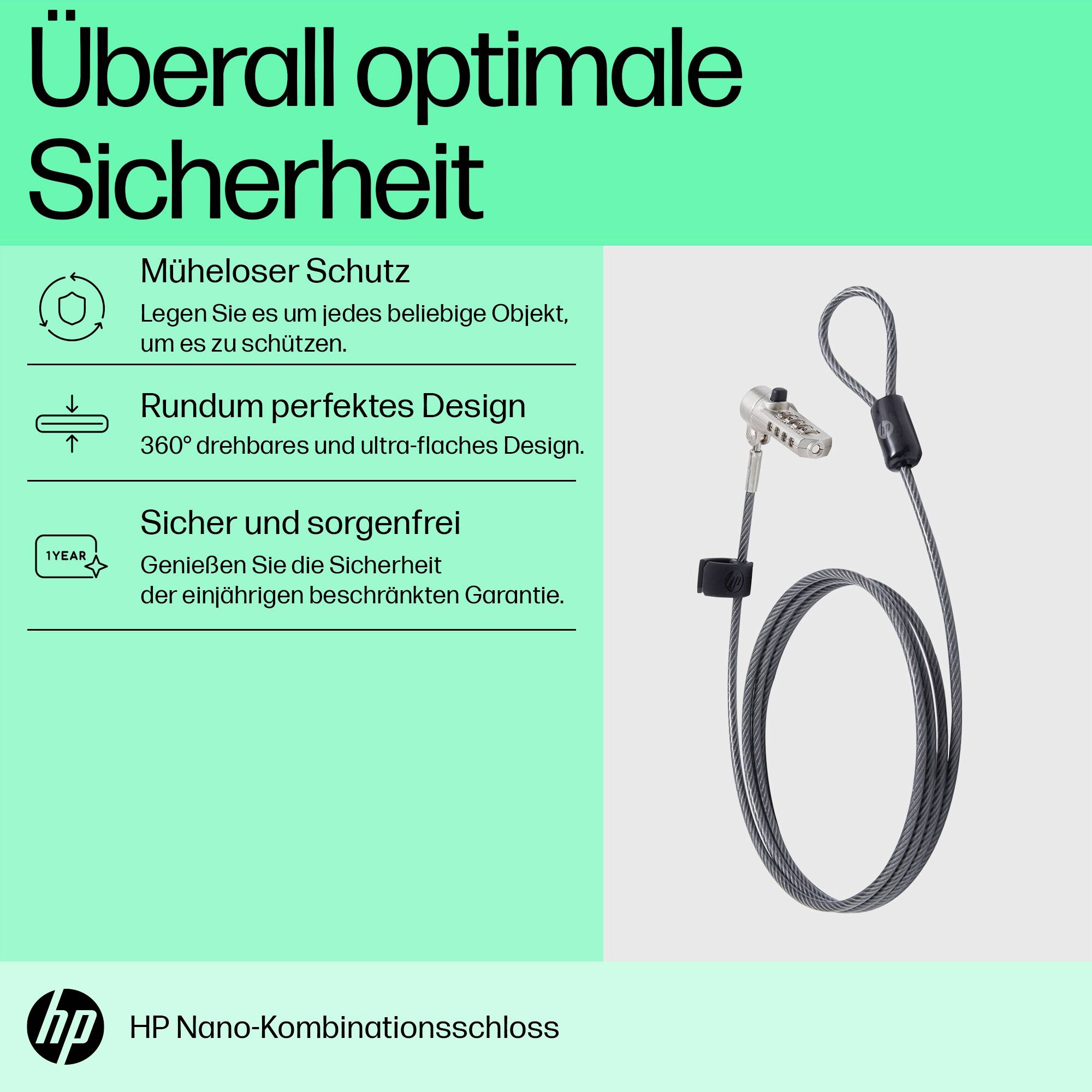 Plakat über HP Nano-Kombinationsschloss: Müheloser Schutz, perfektes Design, einjährige Garantie für optimale Sicherheit.