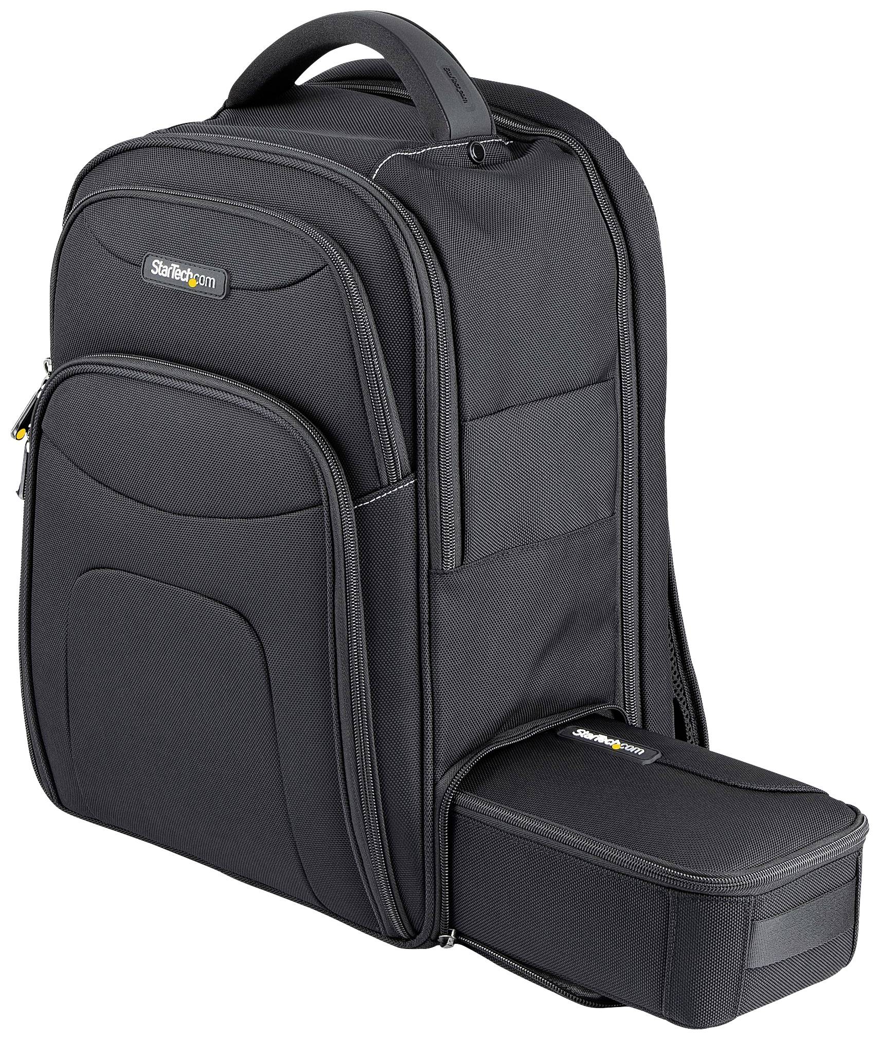Schwarzer, strapazierfähiger Rucksack mit mehreren Reißverschlusstaschen und einem abnehmbaren kleinen Beutel unten, vielseitig einsetzbar.