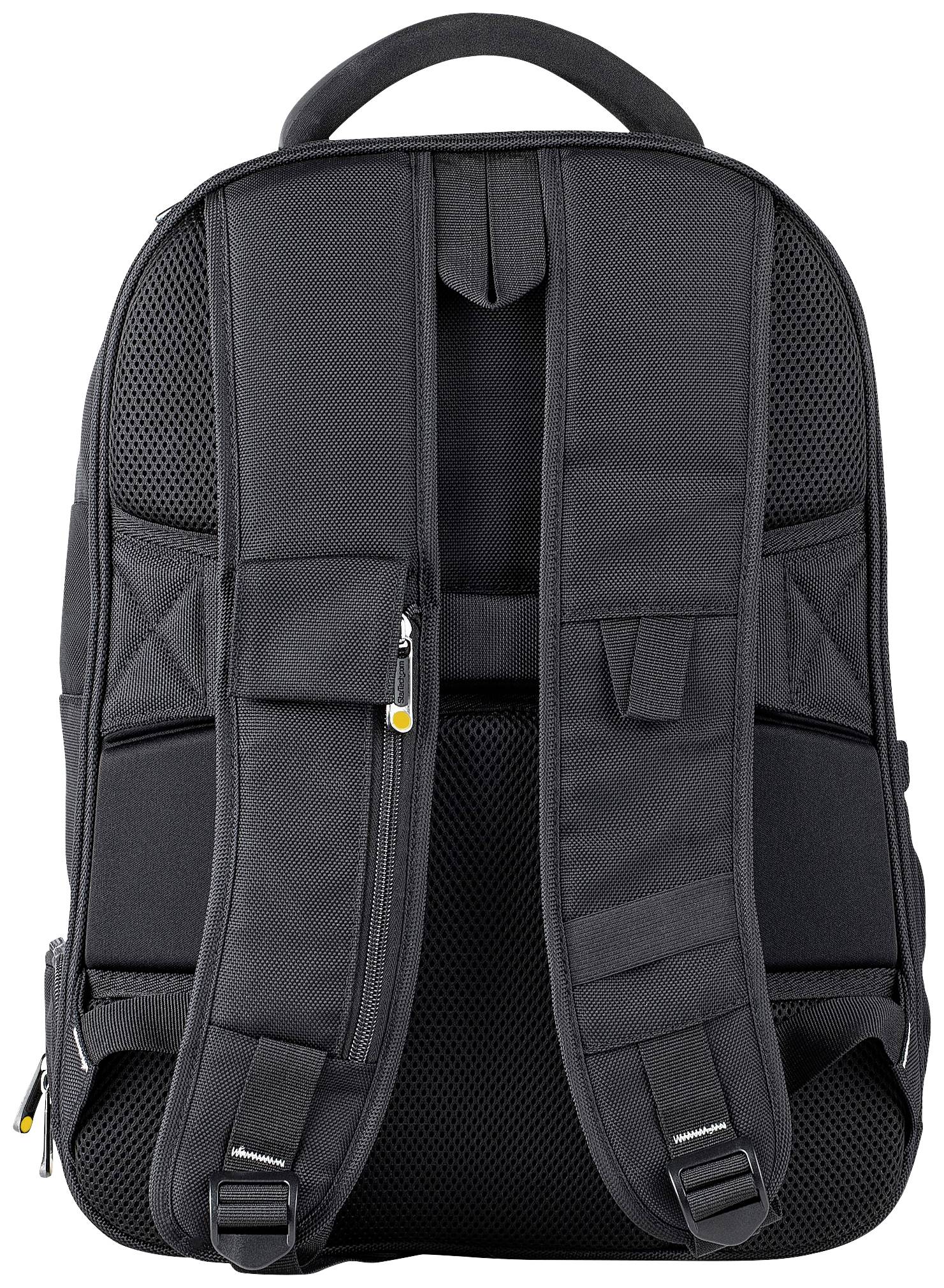 Schwarzer Rucksack, Rückansicht, mit verstellbaren Schultergurten und Rückpolsterung für Komfort und Unterstützung.