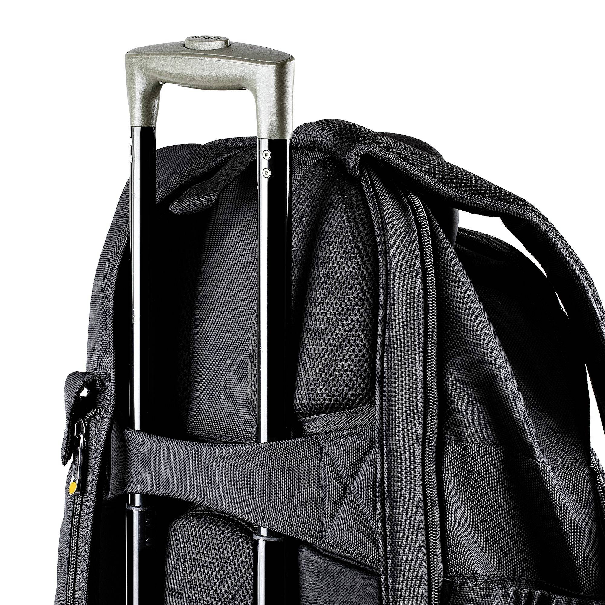Schwarzer Trolley-Rucksack mit ausziehbarem Griff und Schultergurten.