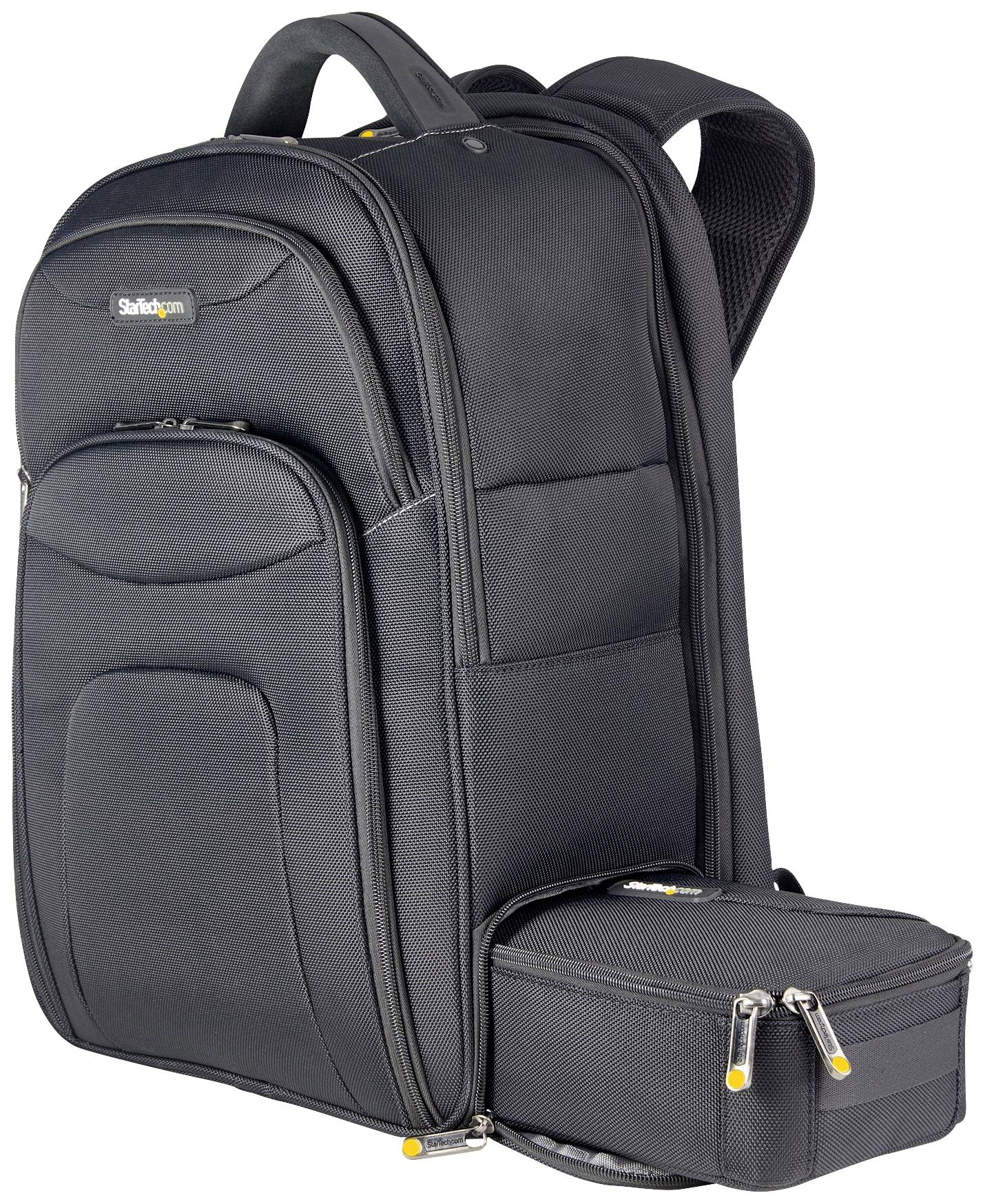 Ein großer, schwarzer Rucksack mit mehreren Fächern und silbernen Reißverschlüssen. Daneben liegt eine kleine, passende Tasche.