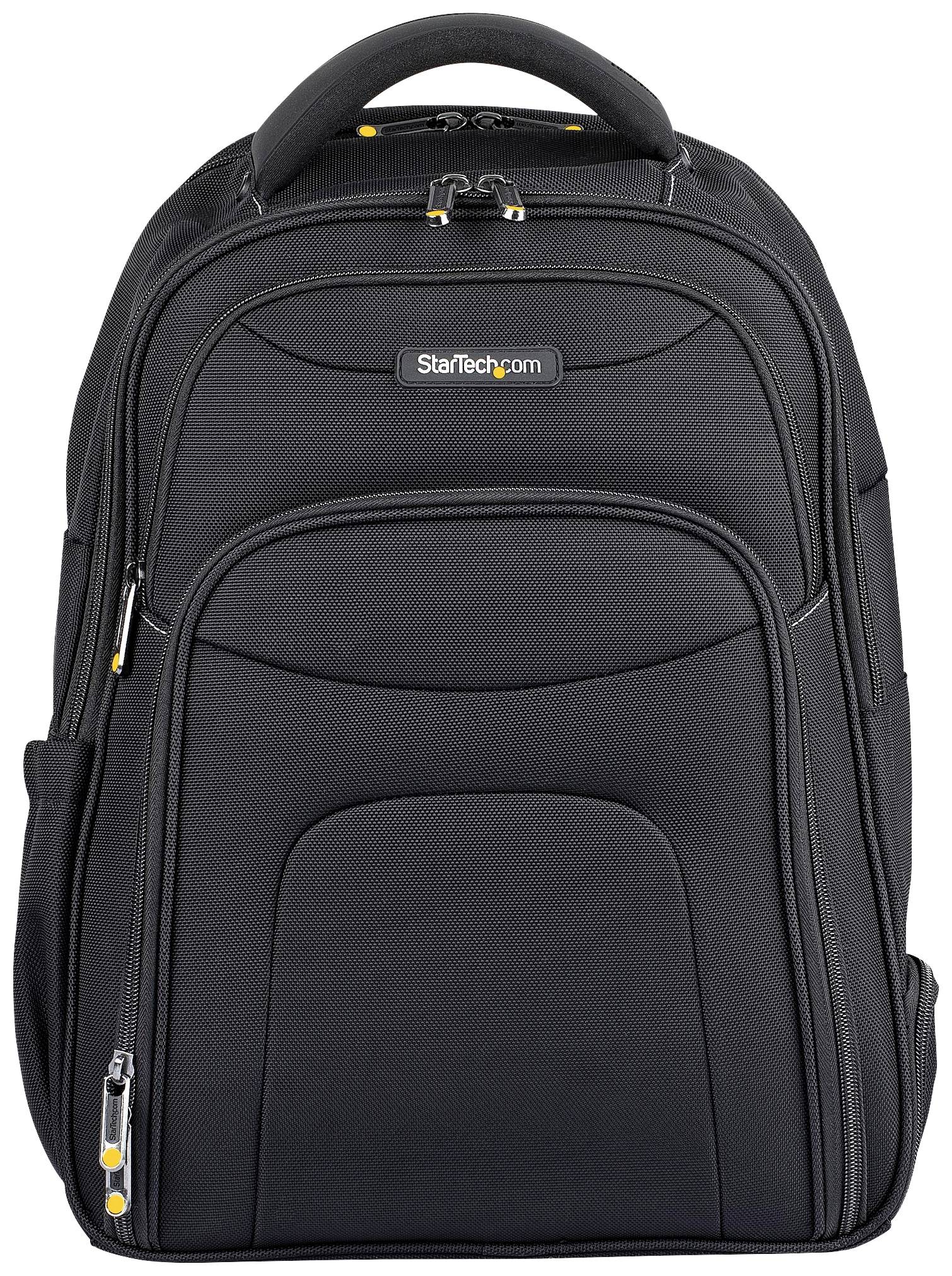 Ein schwarzer Rucksack mit mehreren Fächern und einem Markenlogo oben. Geeignet für den Transport von Laptops und Zubehör.