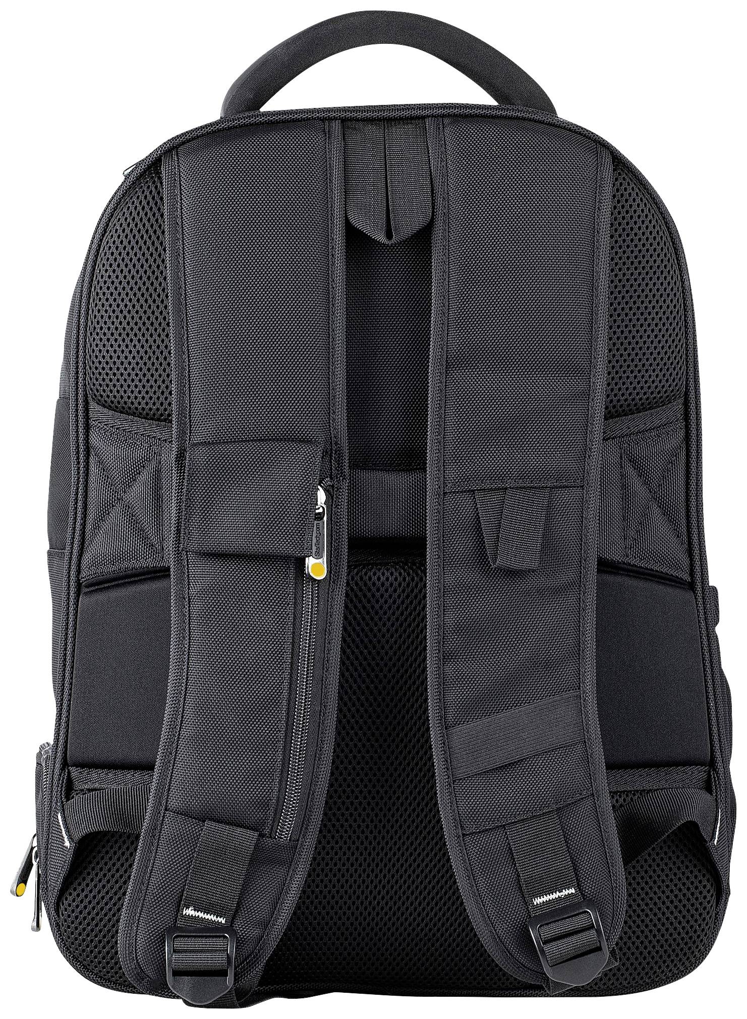 Schwarzer Rucksack mit zwei gepolsterten Trägern und einer Trageschlaufe oben. Taschen mit Reißverschlüssen auf der Vorderseite.