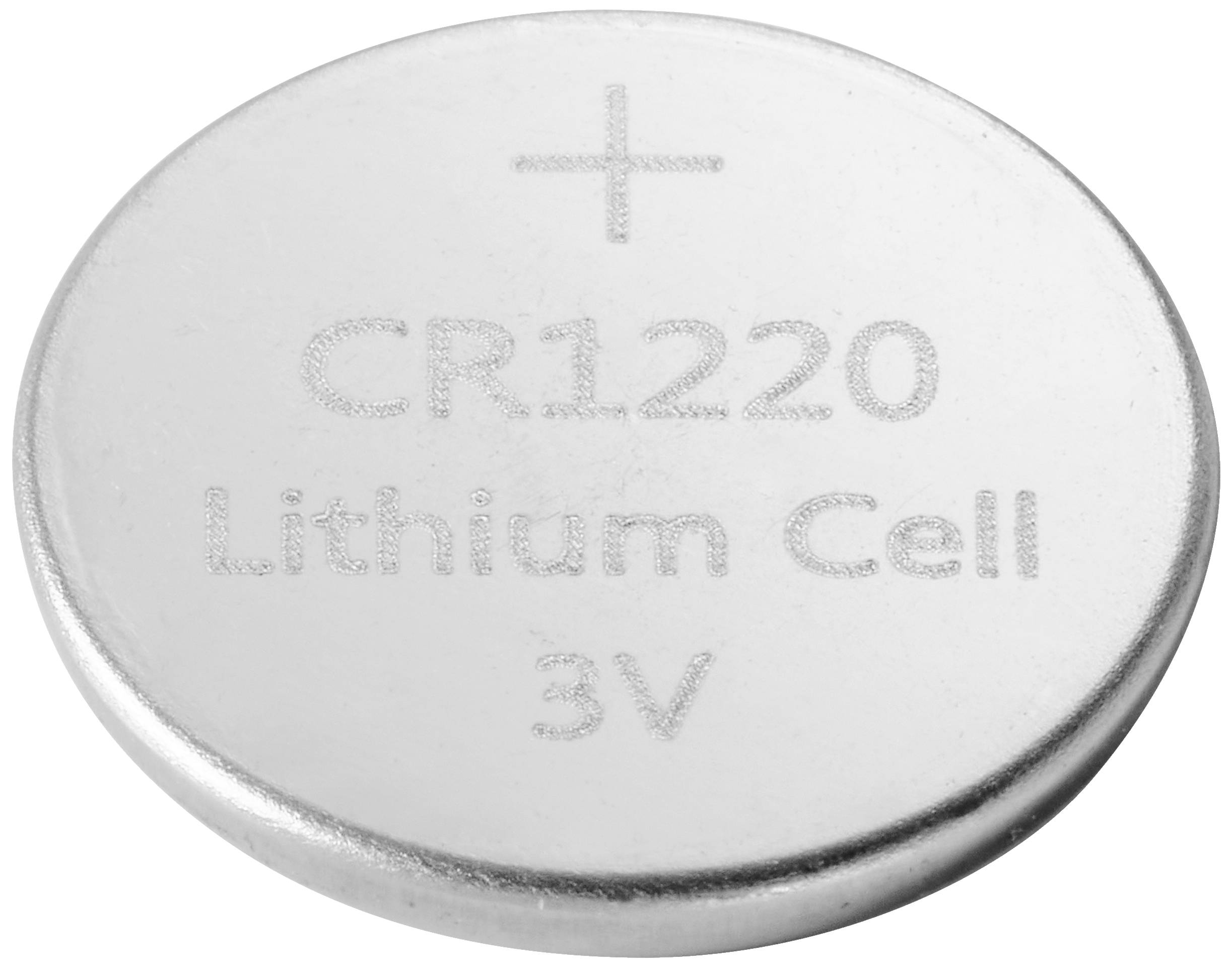Knopfzellenbatterie CR1220, 3V Lithium Cell, silberne Oberfläche, positiv markiert mit '+'.