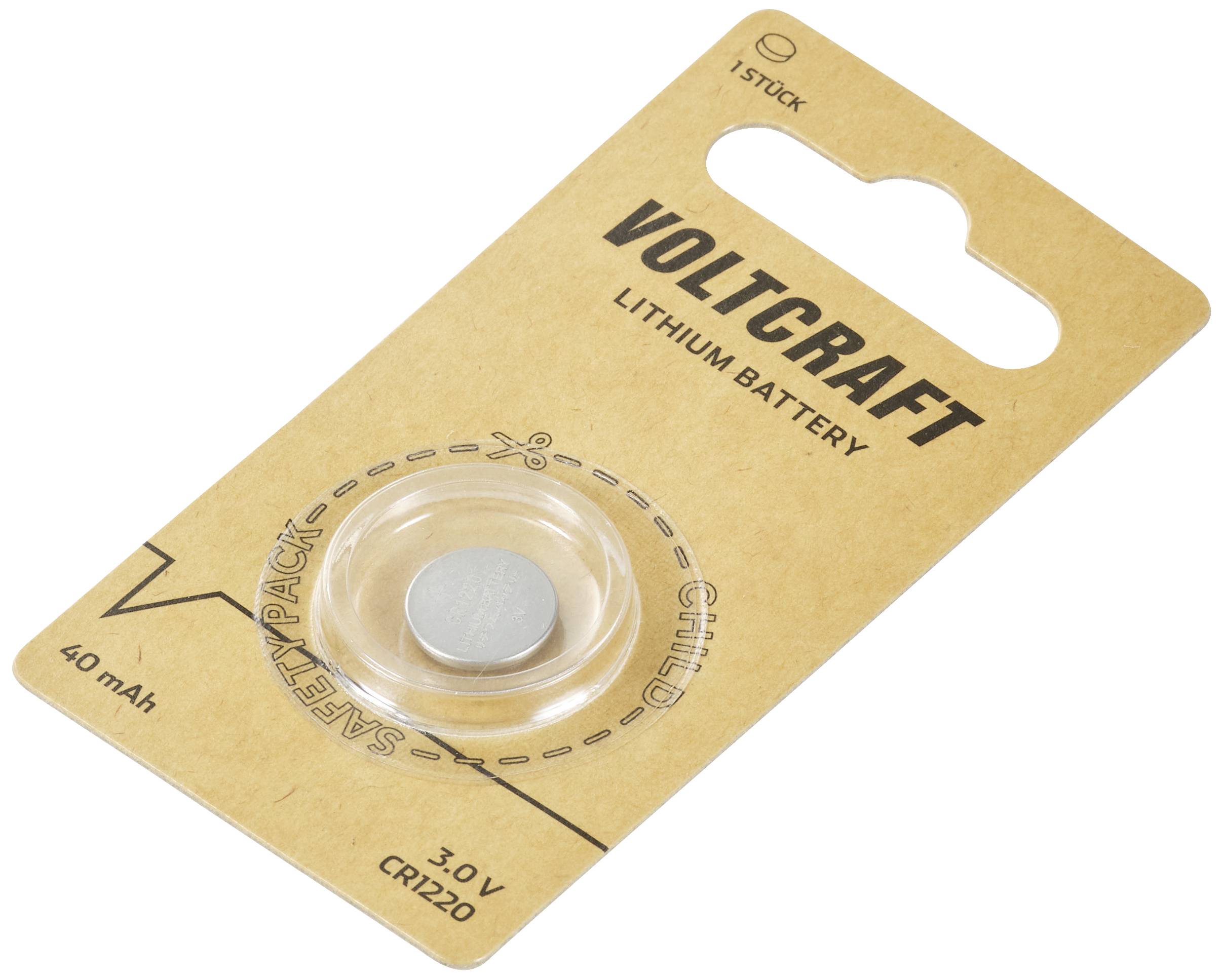 Verpackung einer CR1220 Lithium-Knopfzellen-Batterie von Voltcraft, 3V, 40mAh, 1 Stück, Kindersicherheitsverpackung.