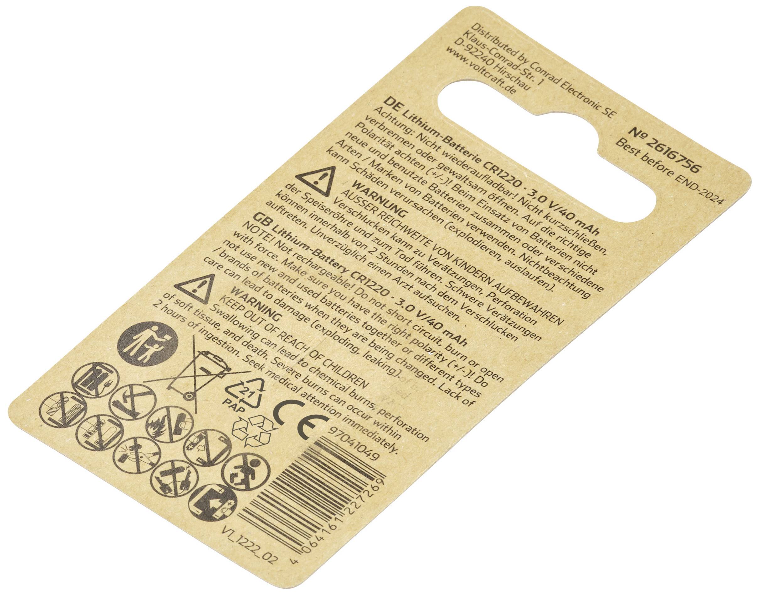 Verpackung einer Lithium-Batterie CR1220, 3V, 40 mAh. Enthält Warnhinweise und verschiedene Symbole zu Sicherheit und Entsorgung.
