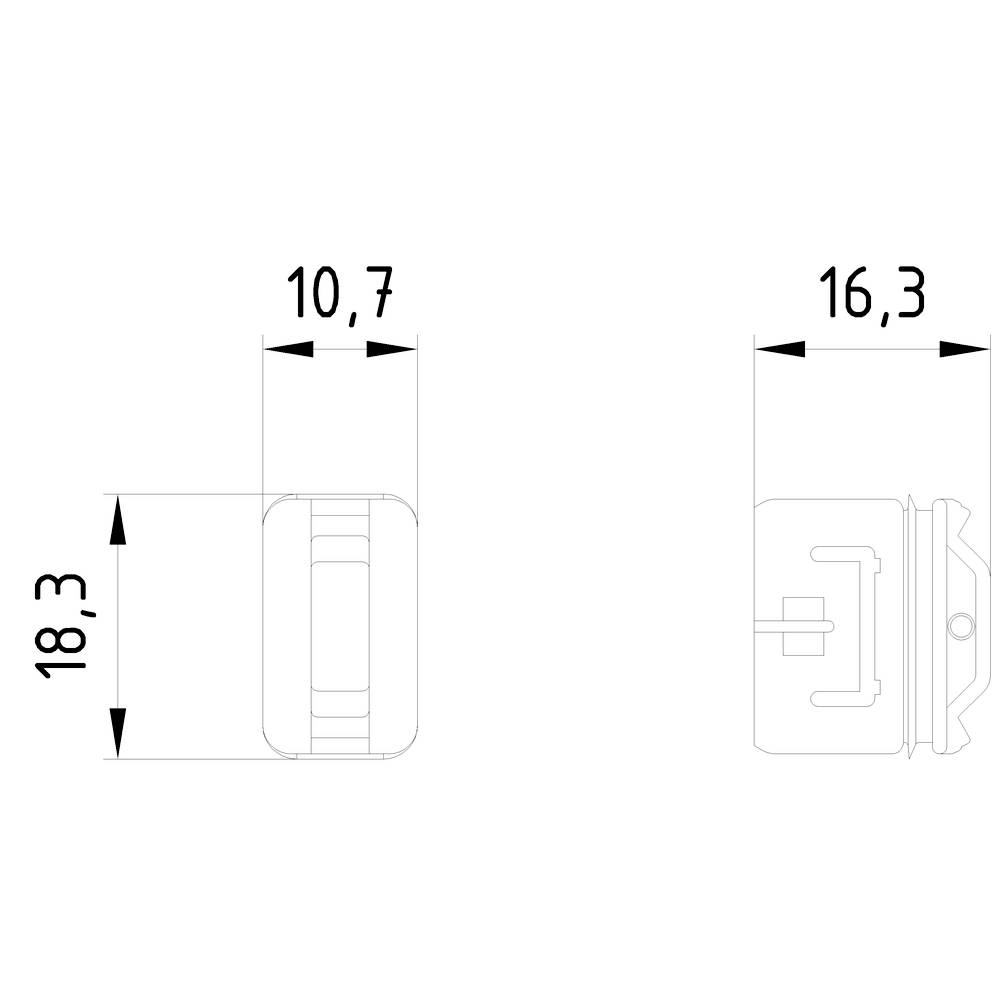 Technische Zeichnung eines Bauteils mit den Maßen: Höhe 18,3 mm, Breite 10,7 mm, Tiefe 16,3 mm. Zeigt Vorder- und Seitenansicht.
