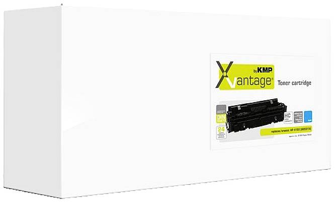 Weiße Verpackung eines Toners. Auf dem Etikett steht 'KMP Vantage Toner Cartridge', Grafik eines Toners, kompatibel mit Druckern.