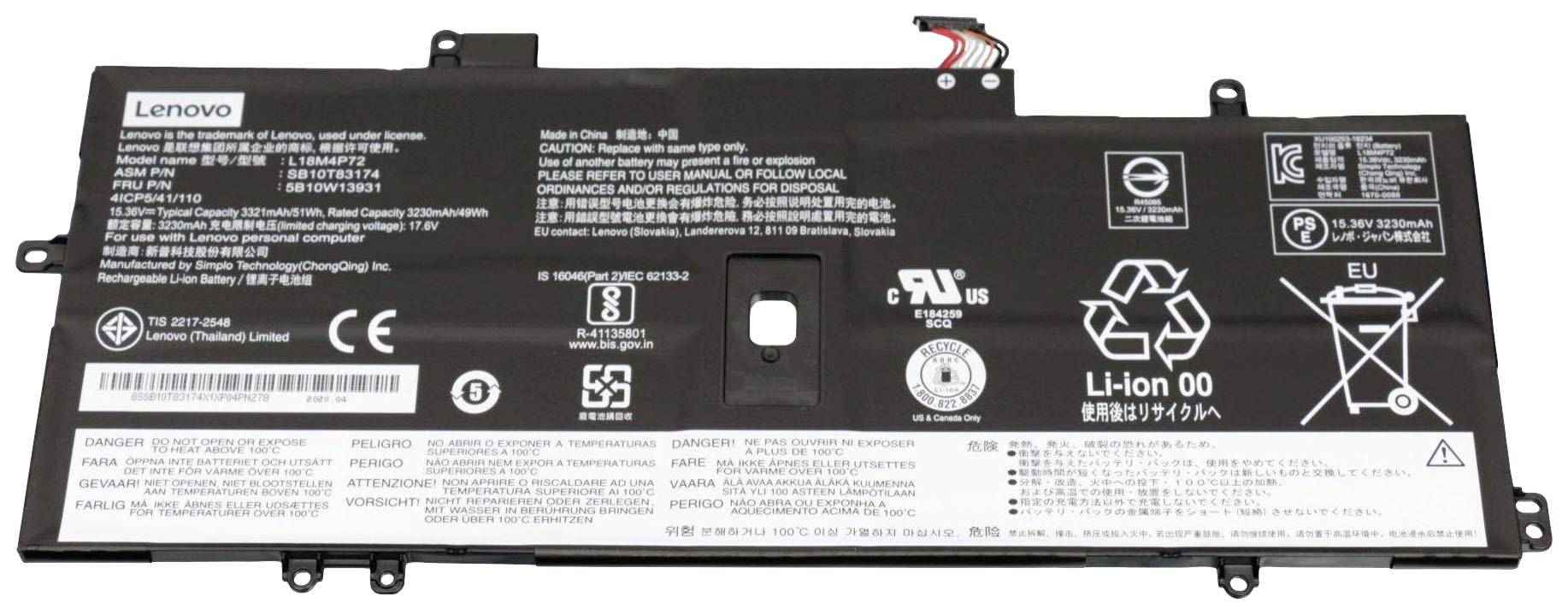 Akku eines Lenovo Laptops, gekennzeichnet mit Sicherheits- und Recyclinghinweisen sowie technischen Spezifikationen.