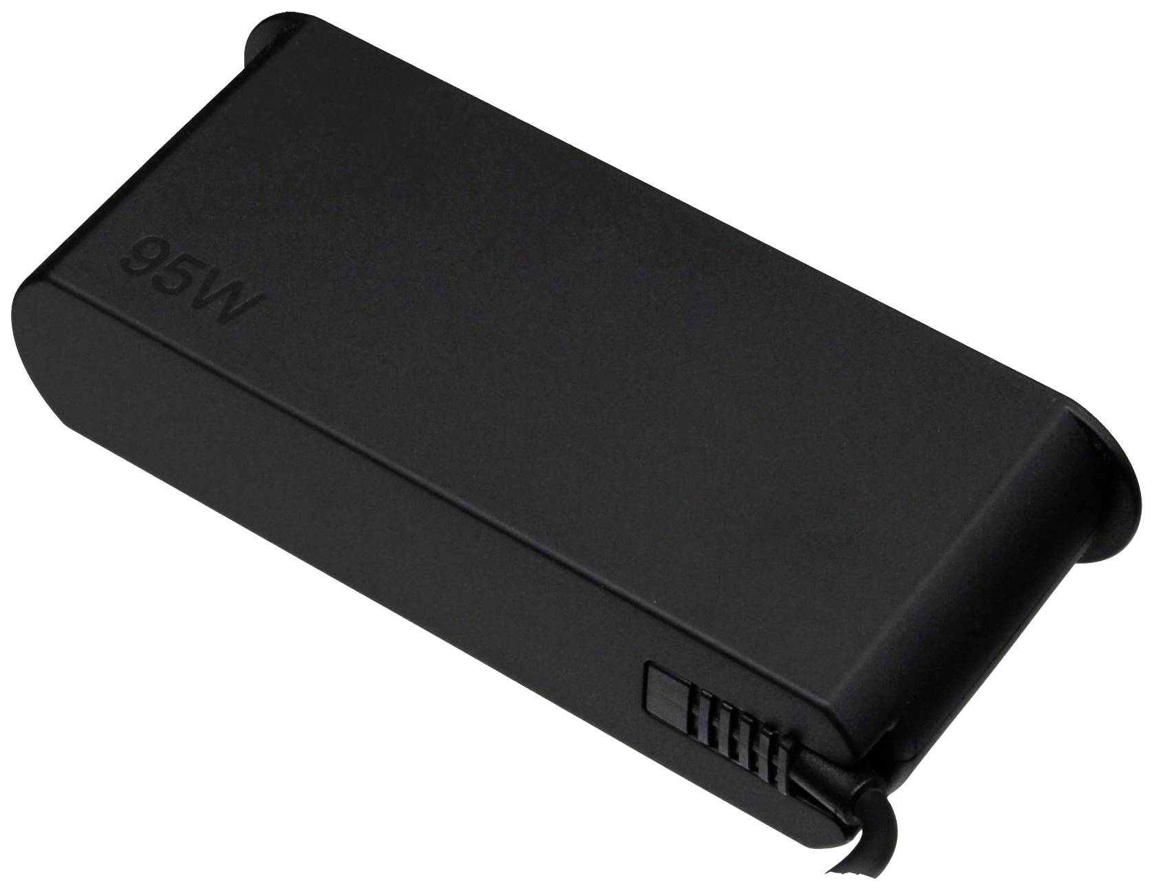 Ein schwarzes rechteckiges 95-Watt-Laptop-Netzteil mit abgerundeten Kanten und einem Stromanschluss an der Seite.