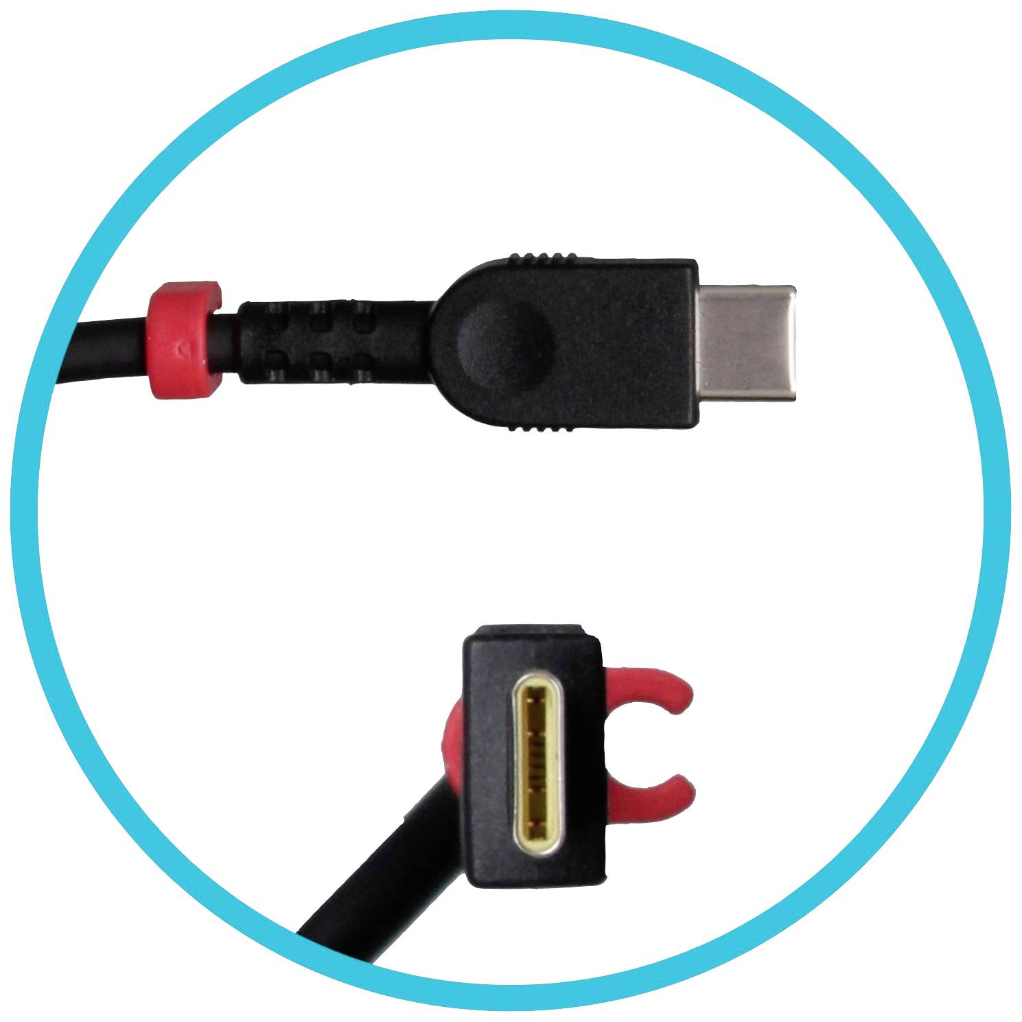 Ein schwarzes Ladekabel mit roten Akzenten zeigt einen USB-C-Stecker und einen spezifischen Anschluss mit roten Halteklammern.