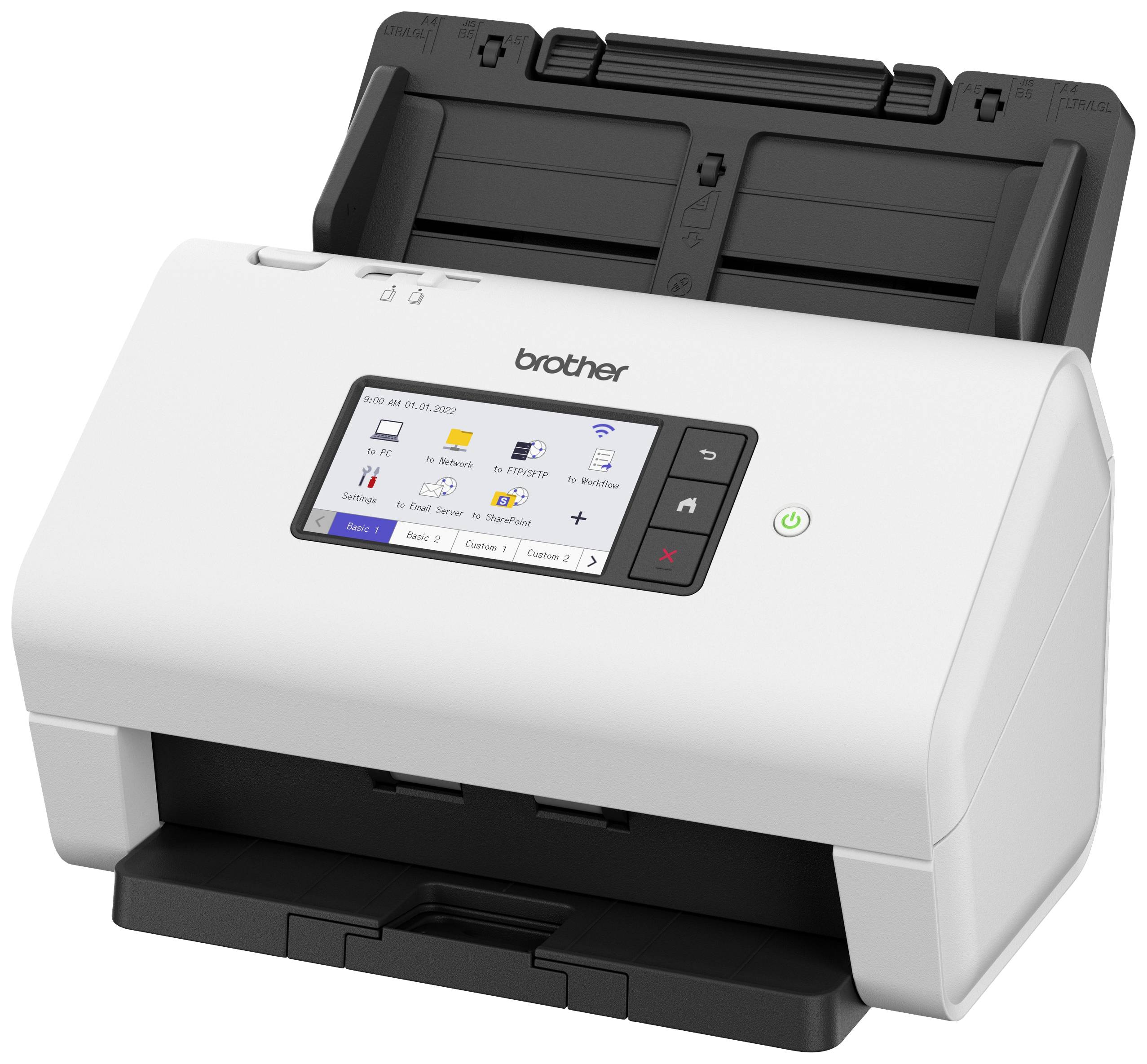Ein weißer Brother-Dokumentenscanner mit Farbdisplay und Bedientasten. Der Scanner ist bereit für den Einsatz im Büro.