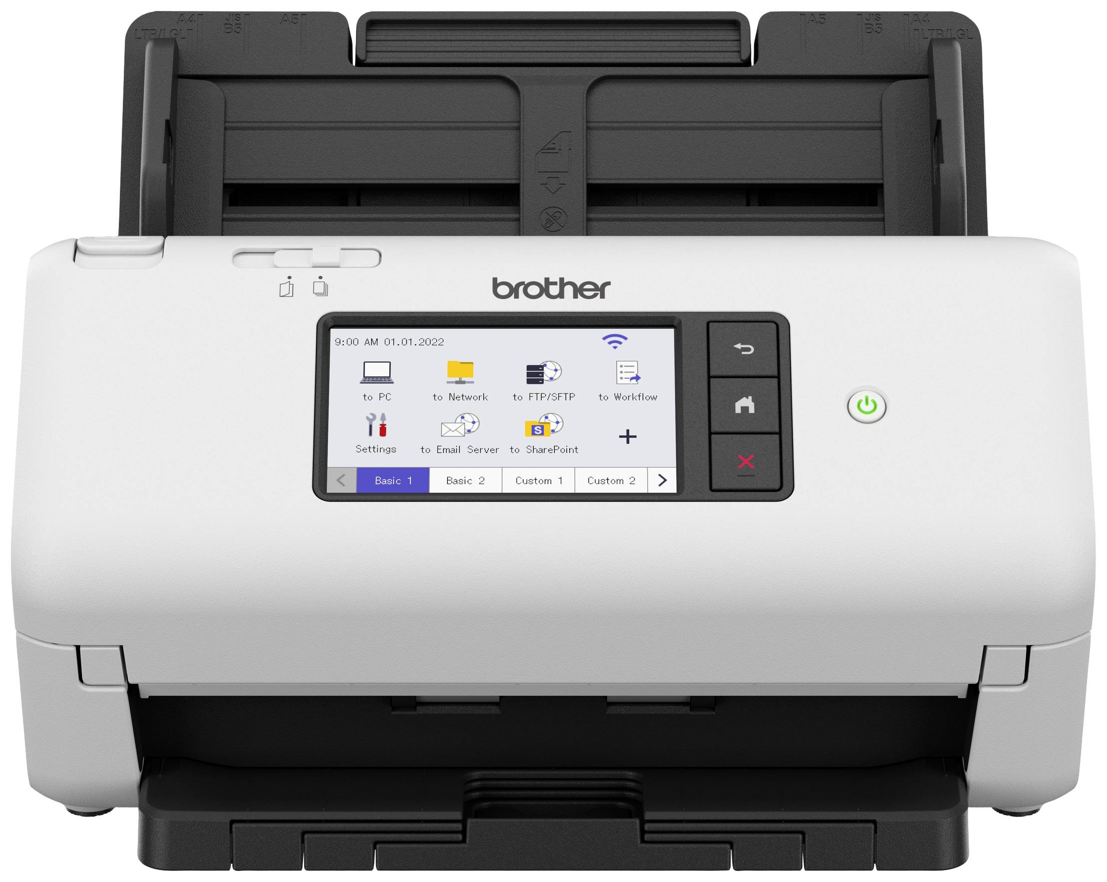 Ein weißer Scanner mit einem Farbdisplay in der Mitte zeigt Symbole und Menüs. Markenname 'brother' oben am Gerät.